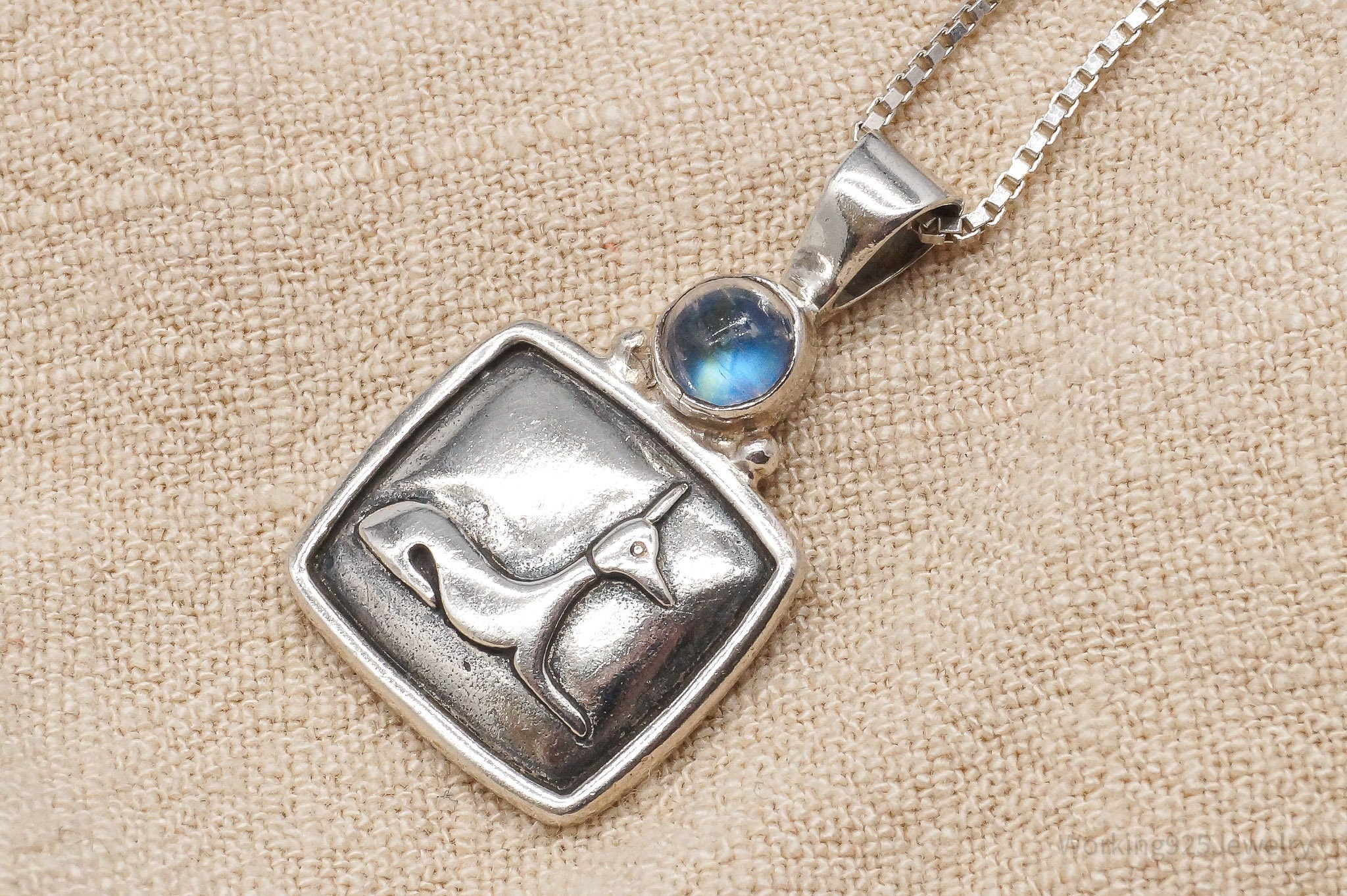 Vintage Egyptian God Anubis Moonstone Sterling Silver Necklace 30"