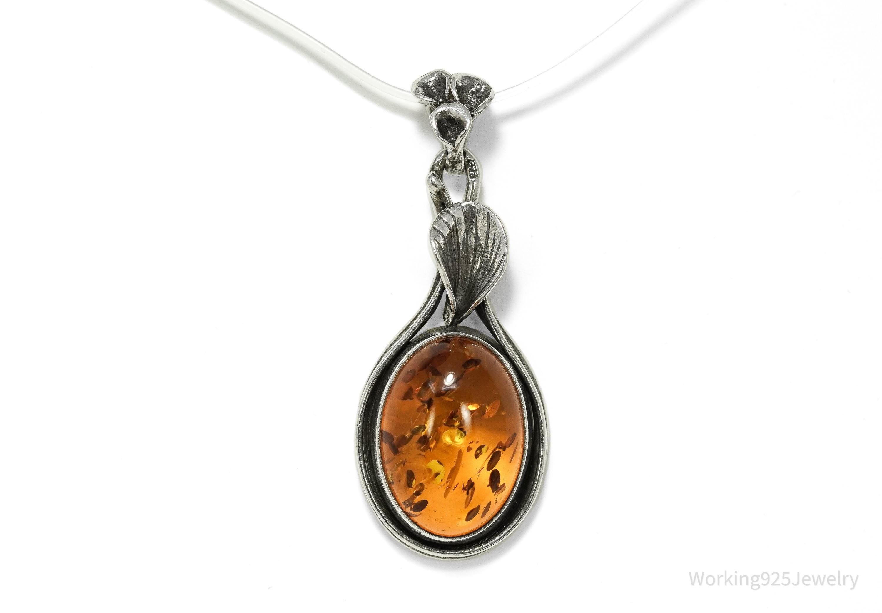 Vintage Sterling Silver Amber Pendant • Oval Cognac Baltic Gemstone Jewelry