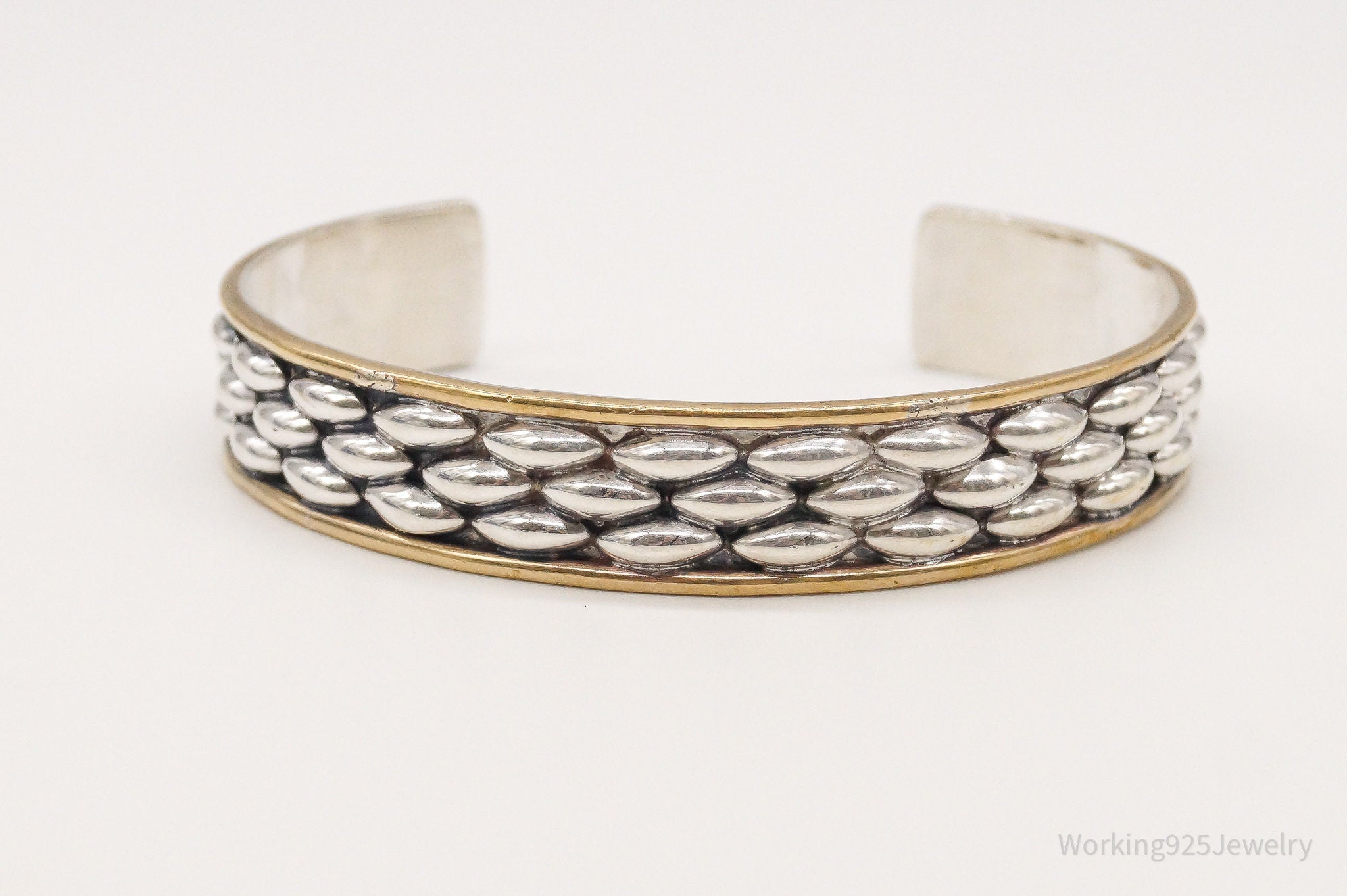 Vintage Mexico Designer Modernist Style Brass Sterling Silver Cuff Bracelet