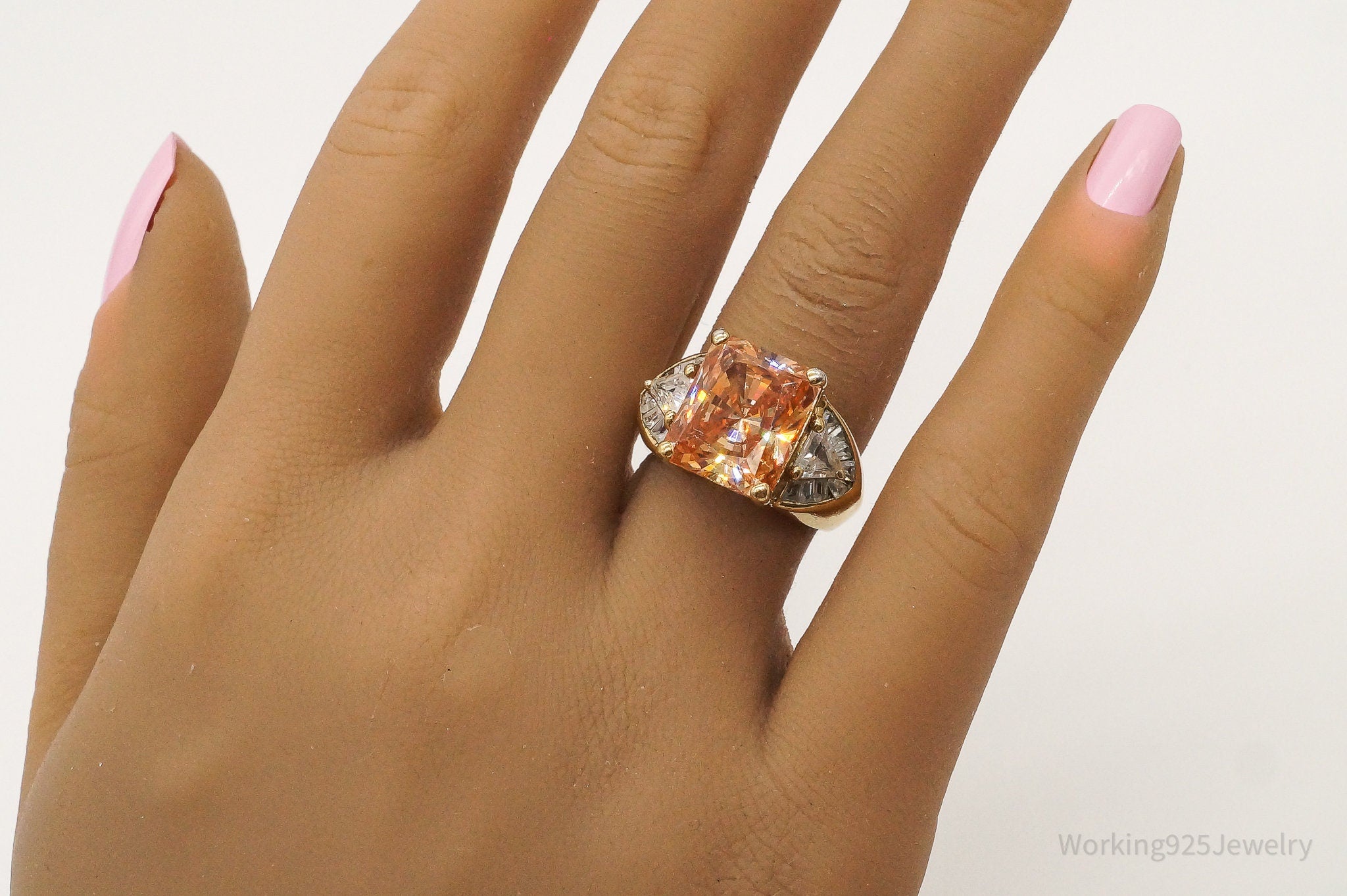 Vintage Orange & White Cubic Zirconia Gold Vermeil Sterling Silver Ring - SZ 6