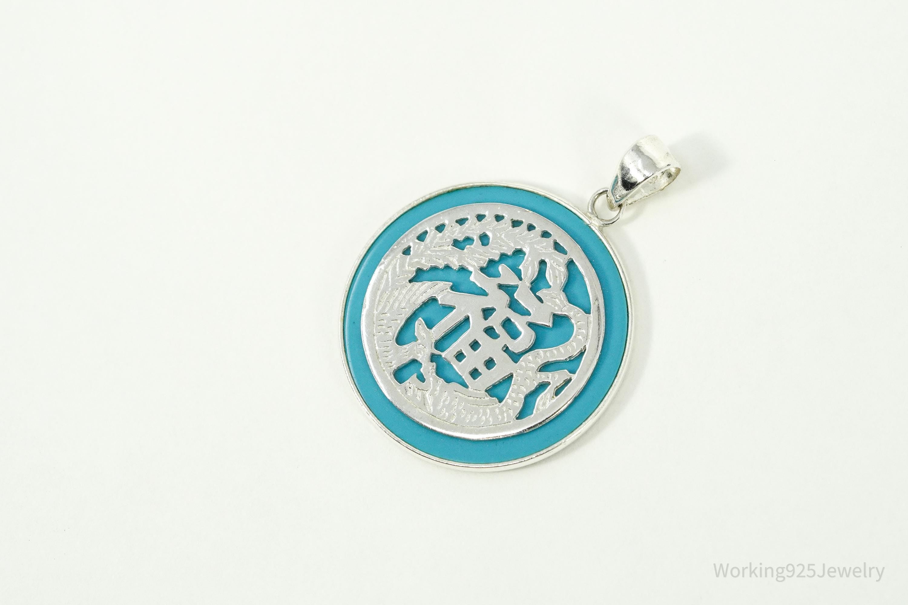 Vintage Chinese Fortune Good Luck Turquoise Sterling Silver Necklace Pendant 1 1/8"
