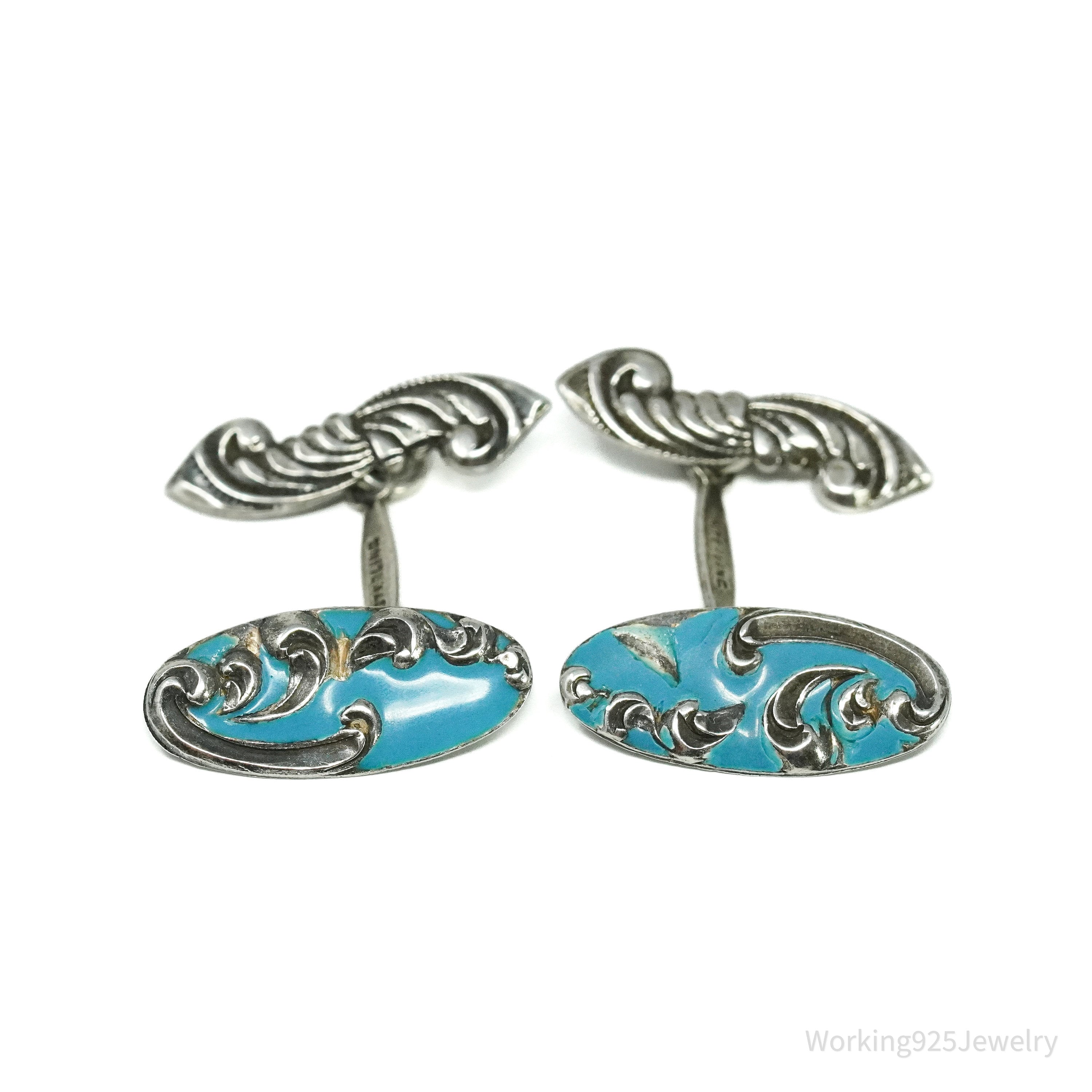 Antique Blue Enamel Sterling Silver Cufflinks