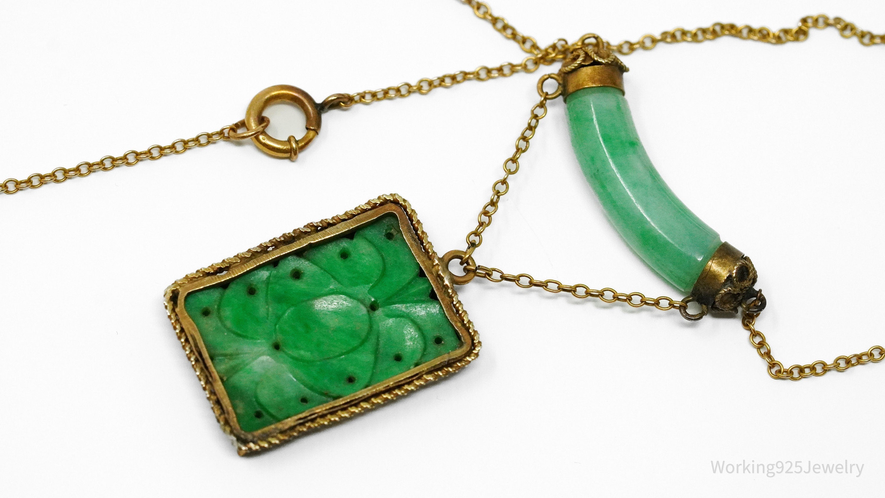 14K Yellow Gold & Carved Jadeite Jade Tablet Necklace 15"