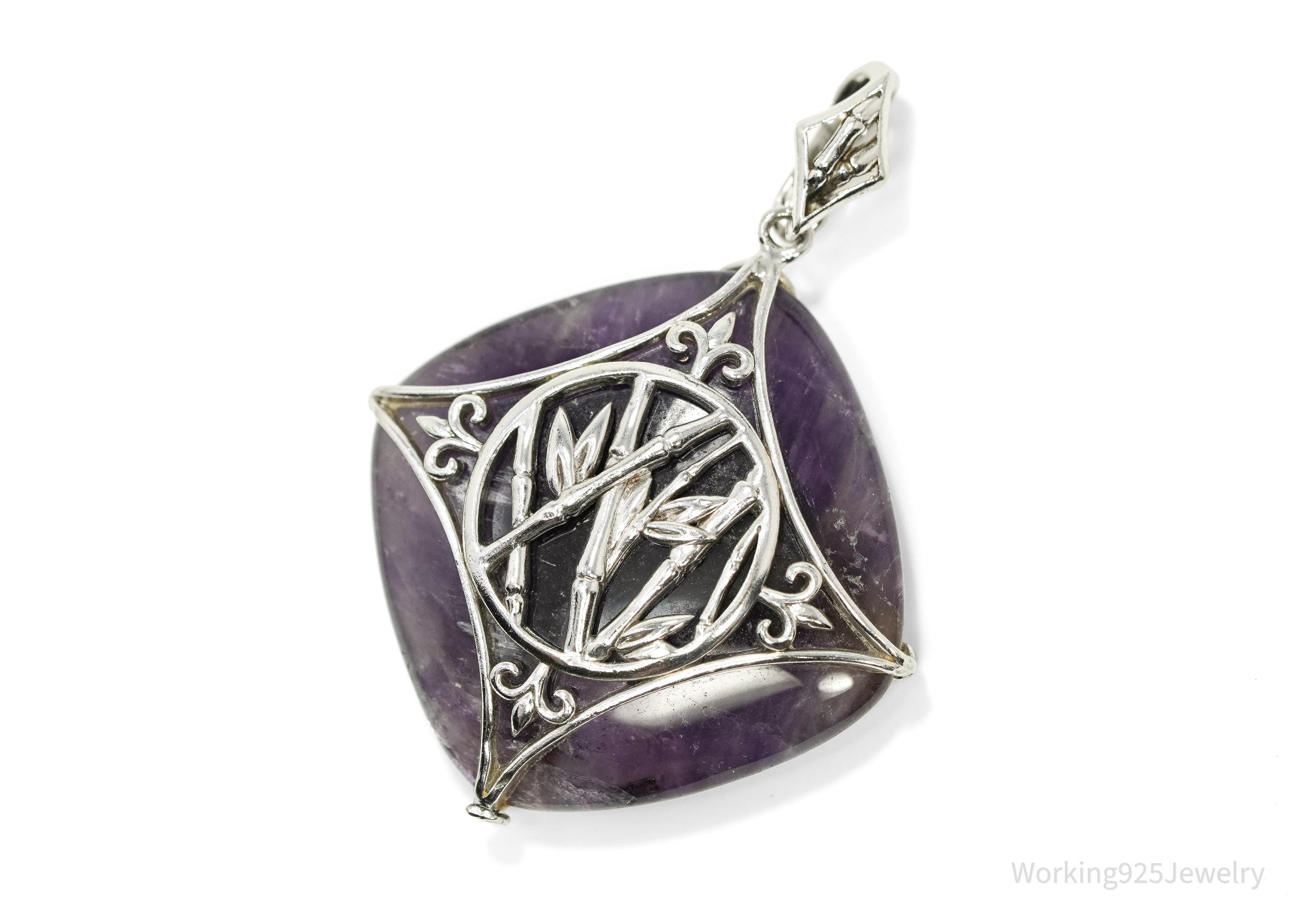 Vintage Large Purple Amethyst Sterling Silver Necklace Pendant 1 13/16"