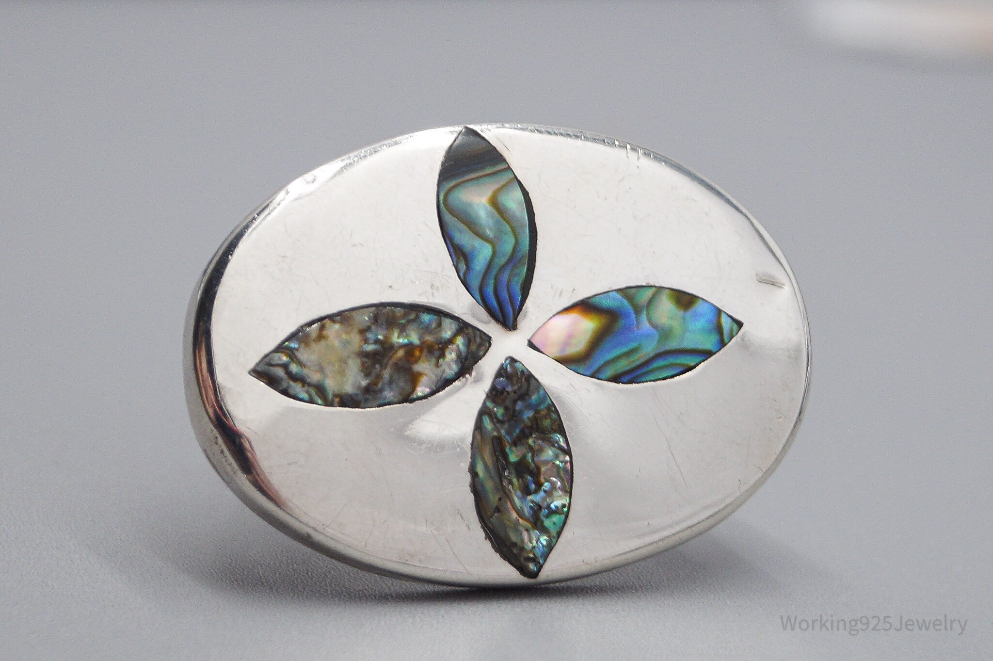 Large Vintage Mexican Paua Abalone Shell Sterling Silver Brooch Pin Pendant