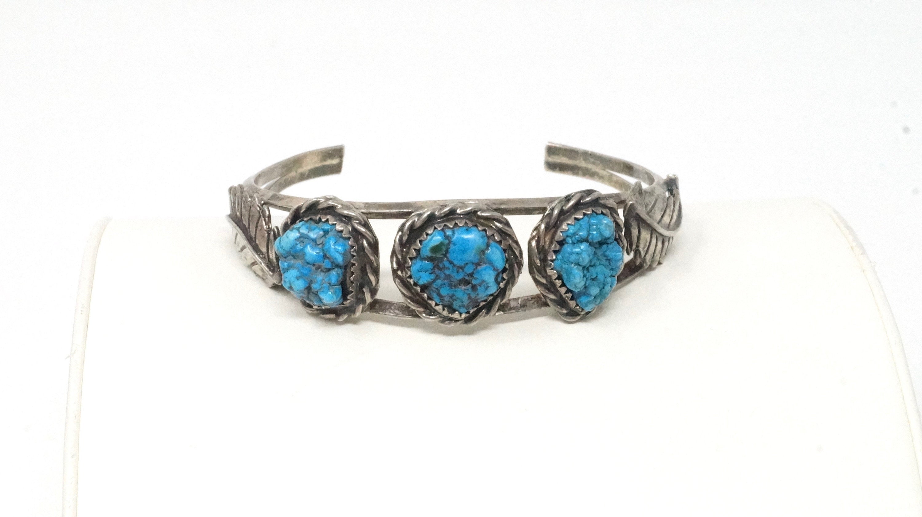 Vtg Native American Unsigned Turquoise Handmade Sterling Silver Cuff Bracelet