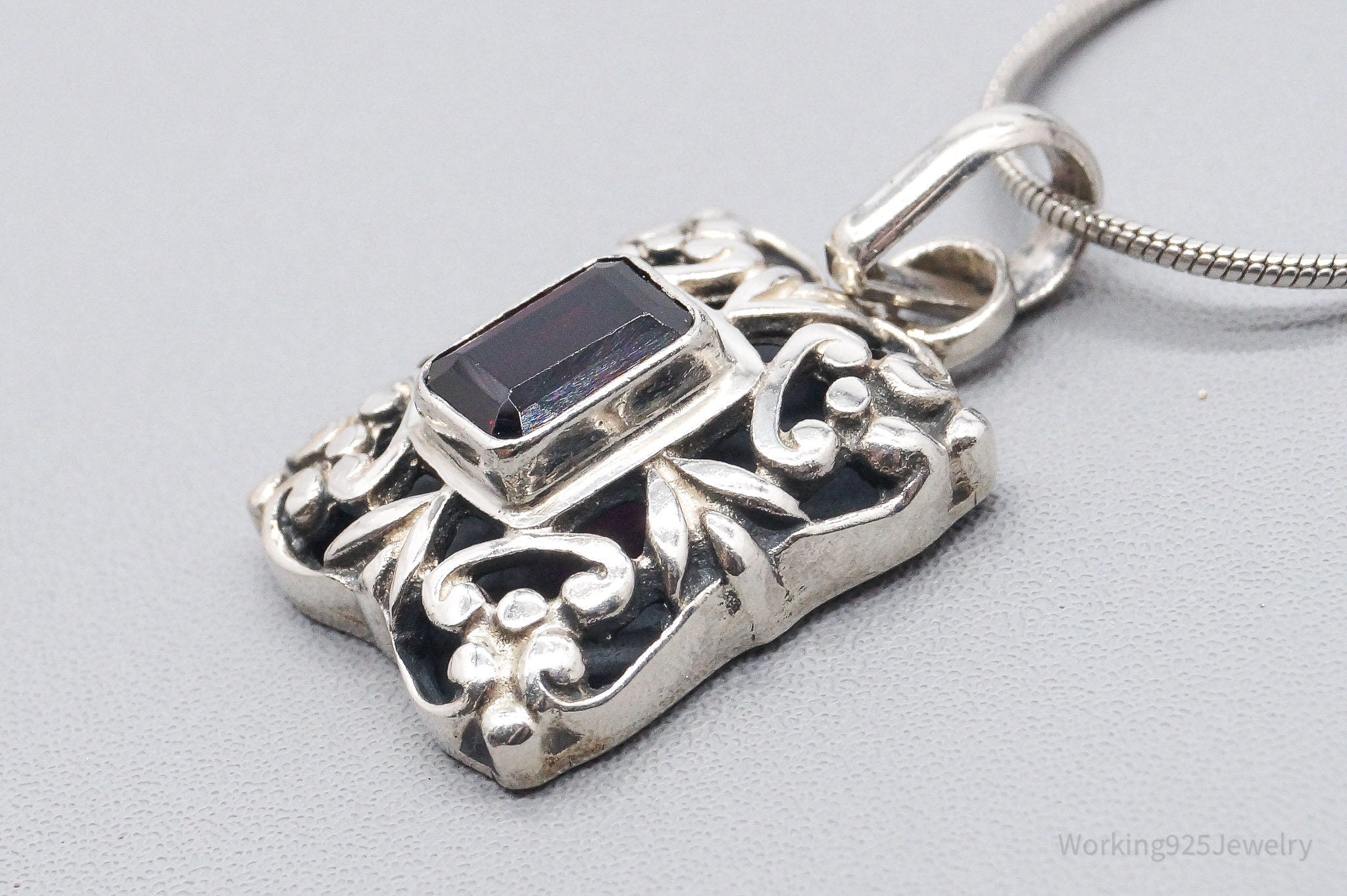 Vintage Garnet Art Deco Style Sterling Silver Necklace 18"