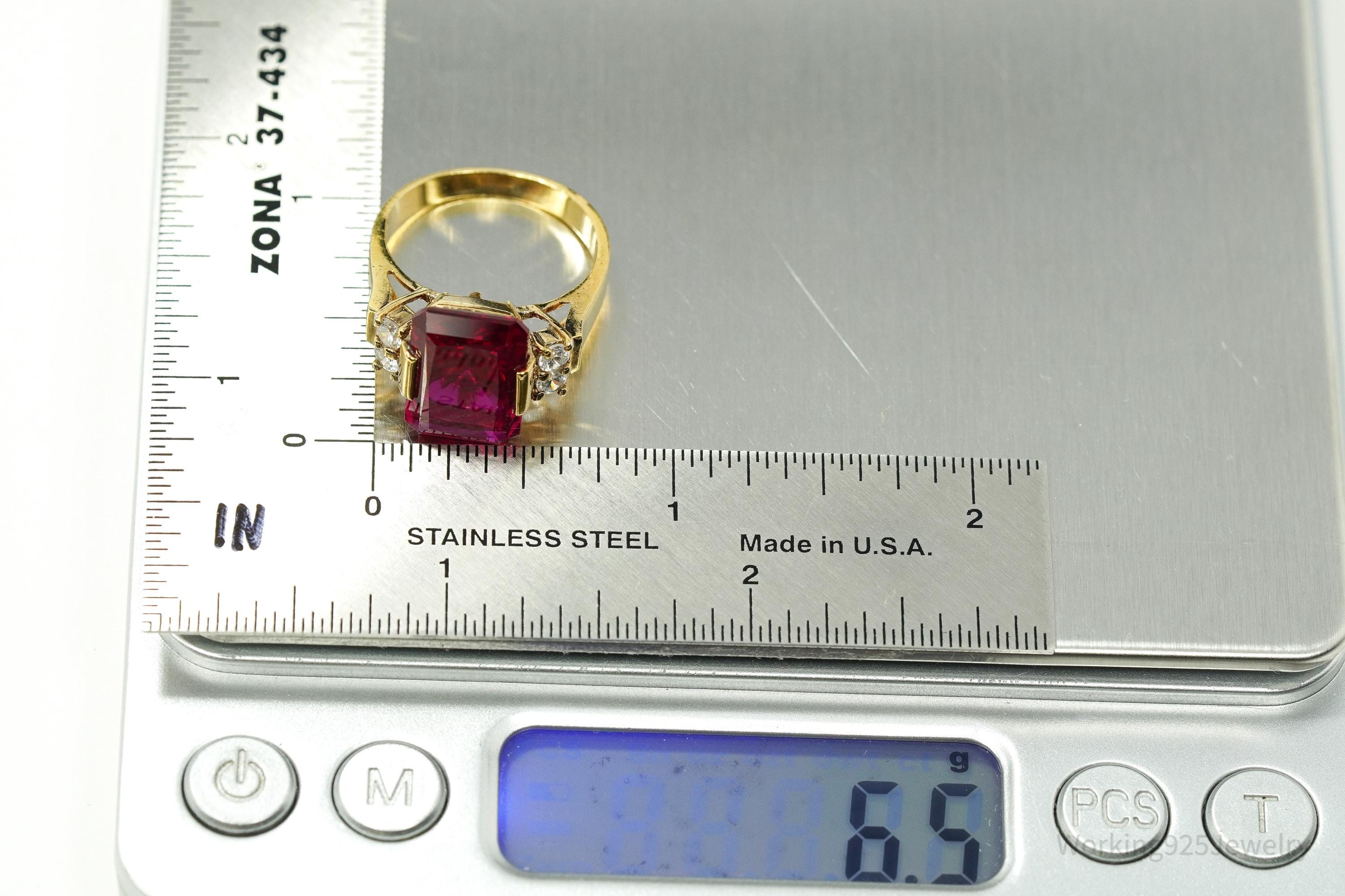 Vintage Ruby & Cubic Zirconia Gold Vermeil Sterling Silver Ring Size 8