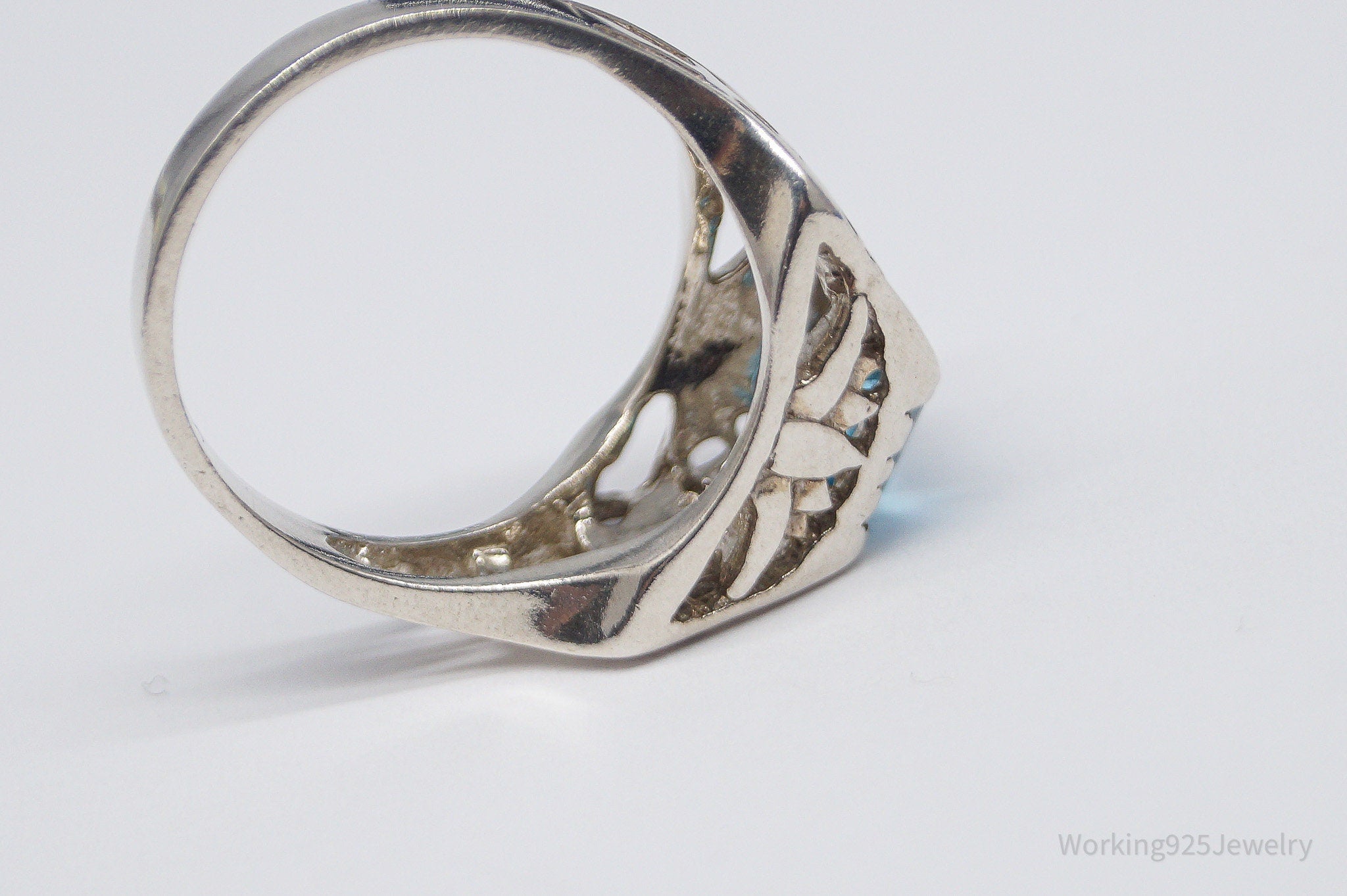 Vintage Blue Topaz Ankh Cross & Lotus Sterling Silver Ring - Size 7.75