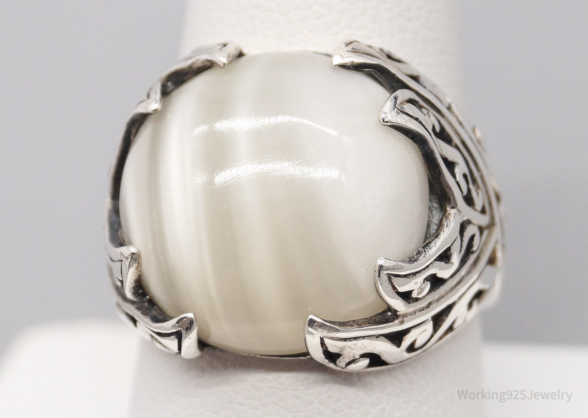 Vintage Faux White Striped Stone Sterling Silver Ring - Size 9