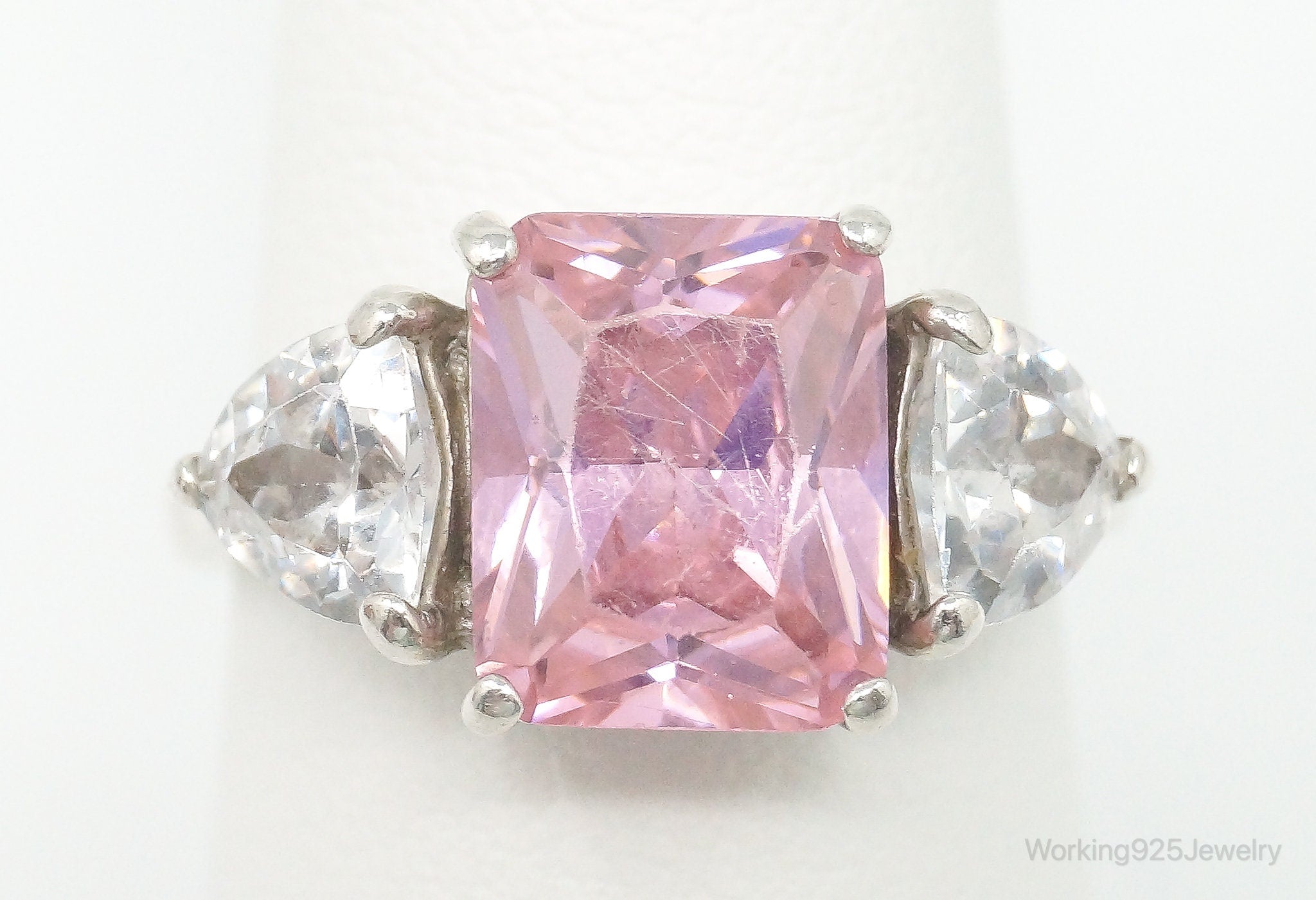 Vintage Large Pink Cubic Zirconia Sterling Silver Statement Ring - Size 7.25