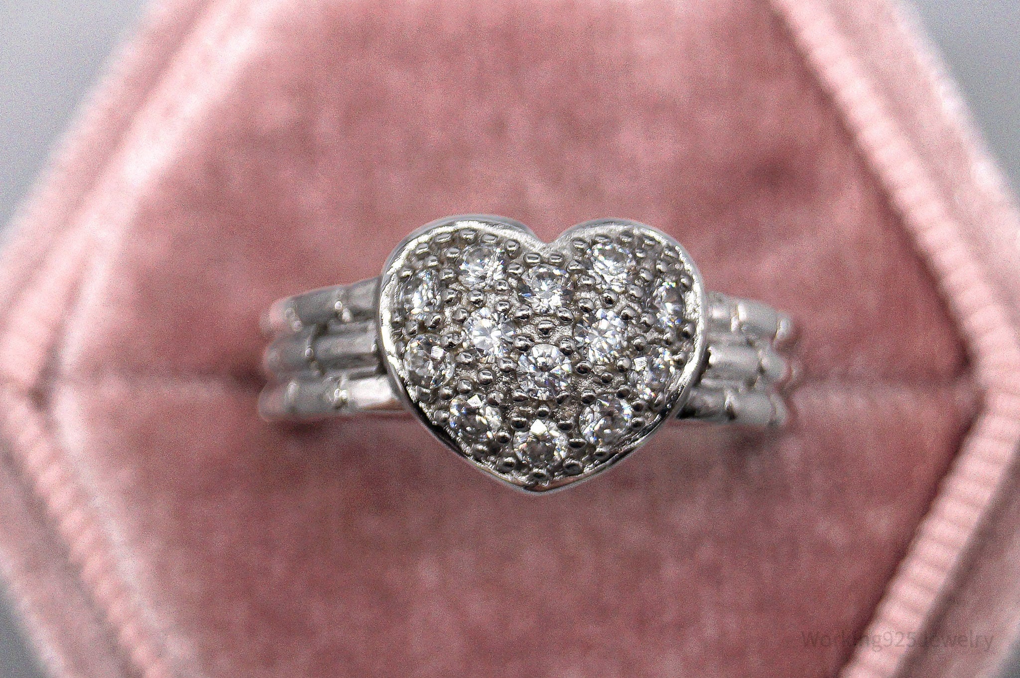 Vintage Cubic Zirconia Heart Sterling Silver Ring - Size 7
