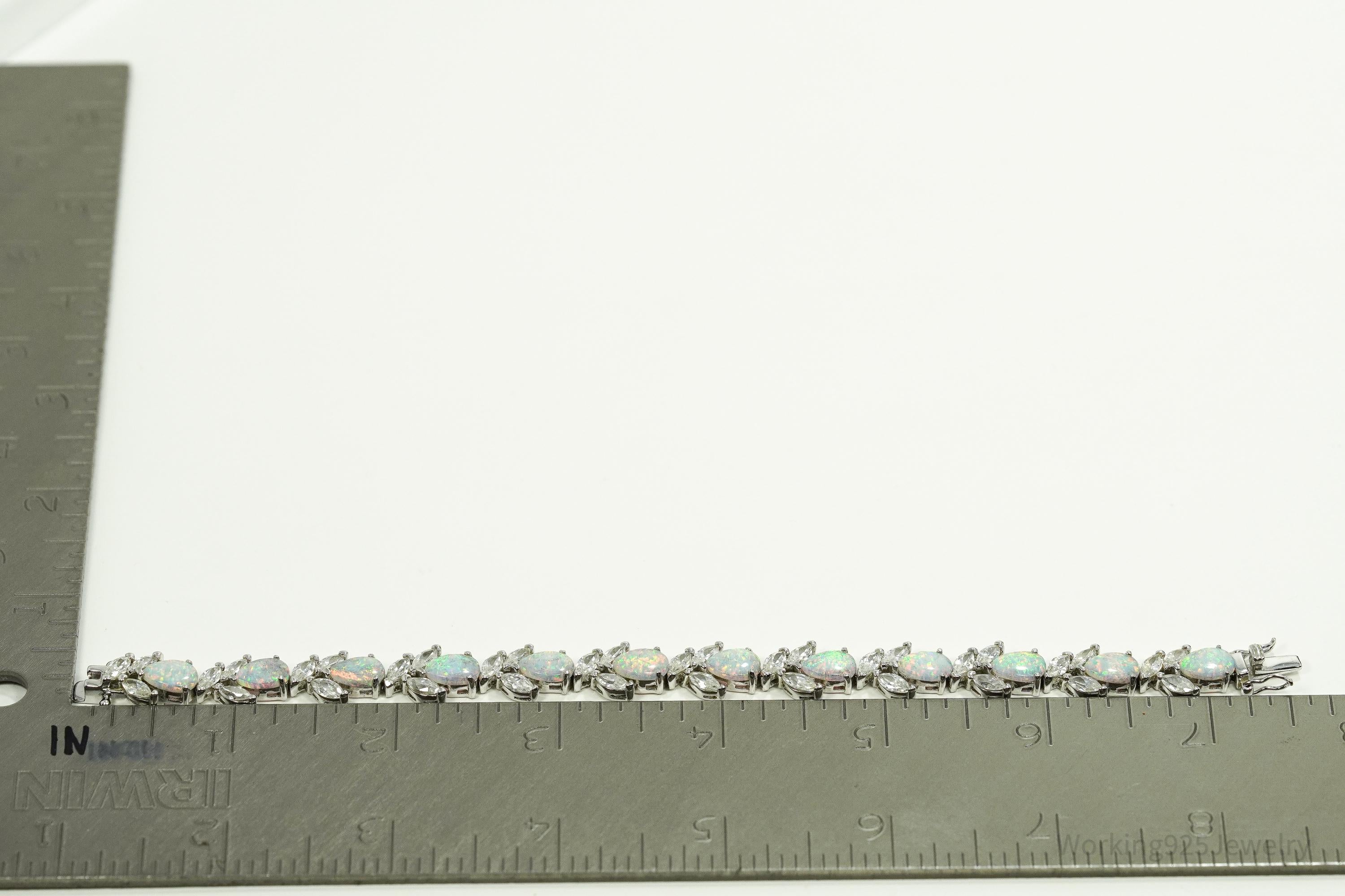 Vintage Opal & Cubic Zirconia Sterling Silver Bracelet 7 3/8"