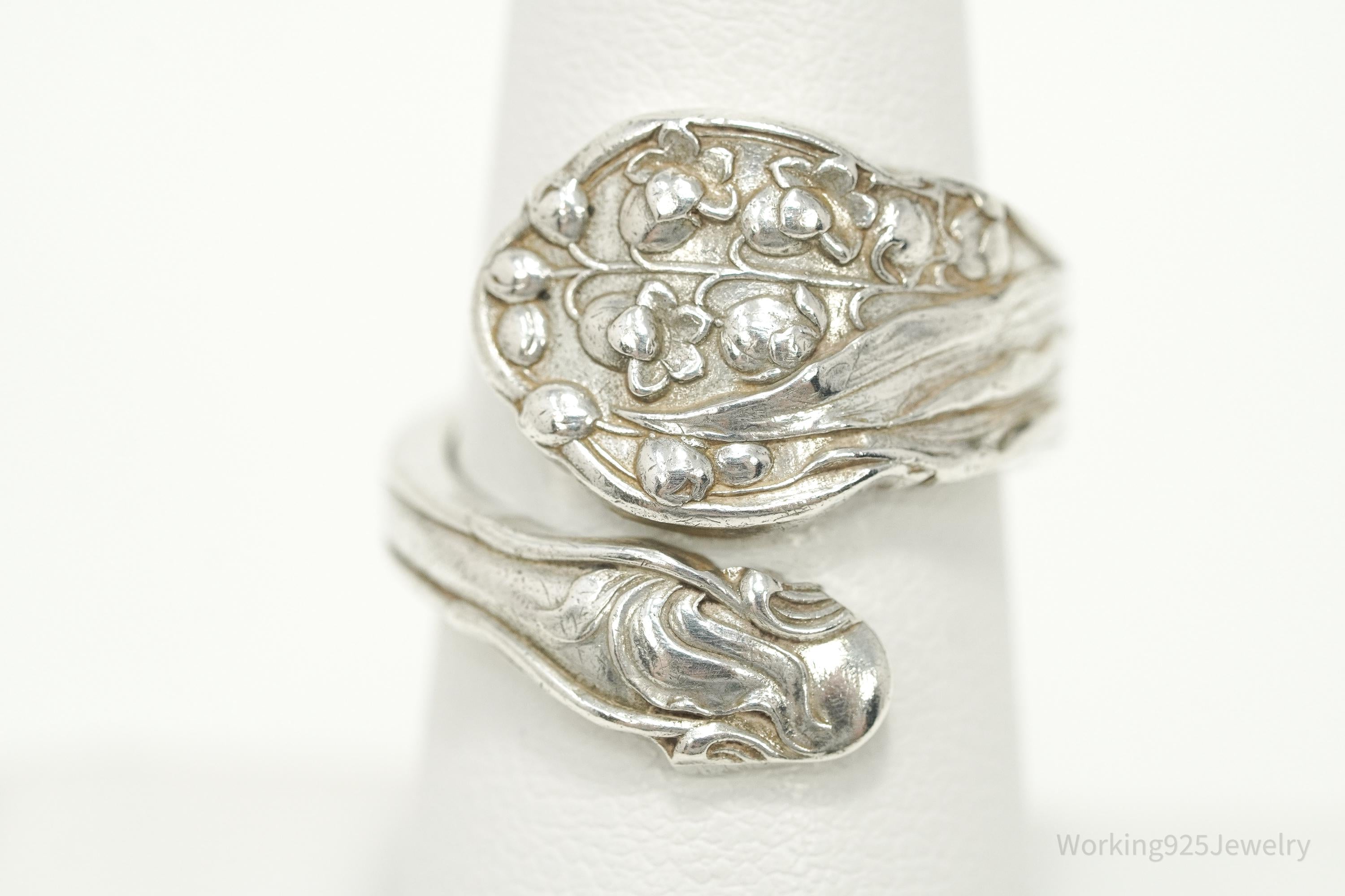 Antique GORHAM Flower Sterling Silver Wrap Spoon Ring - Size 7.25
