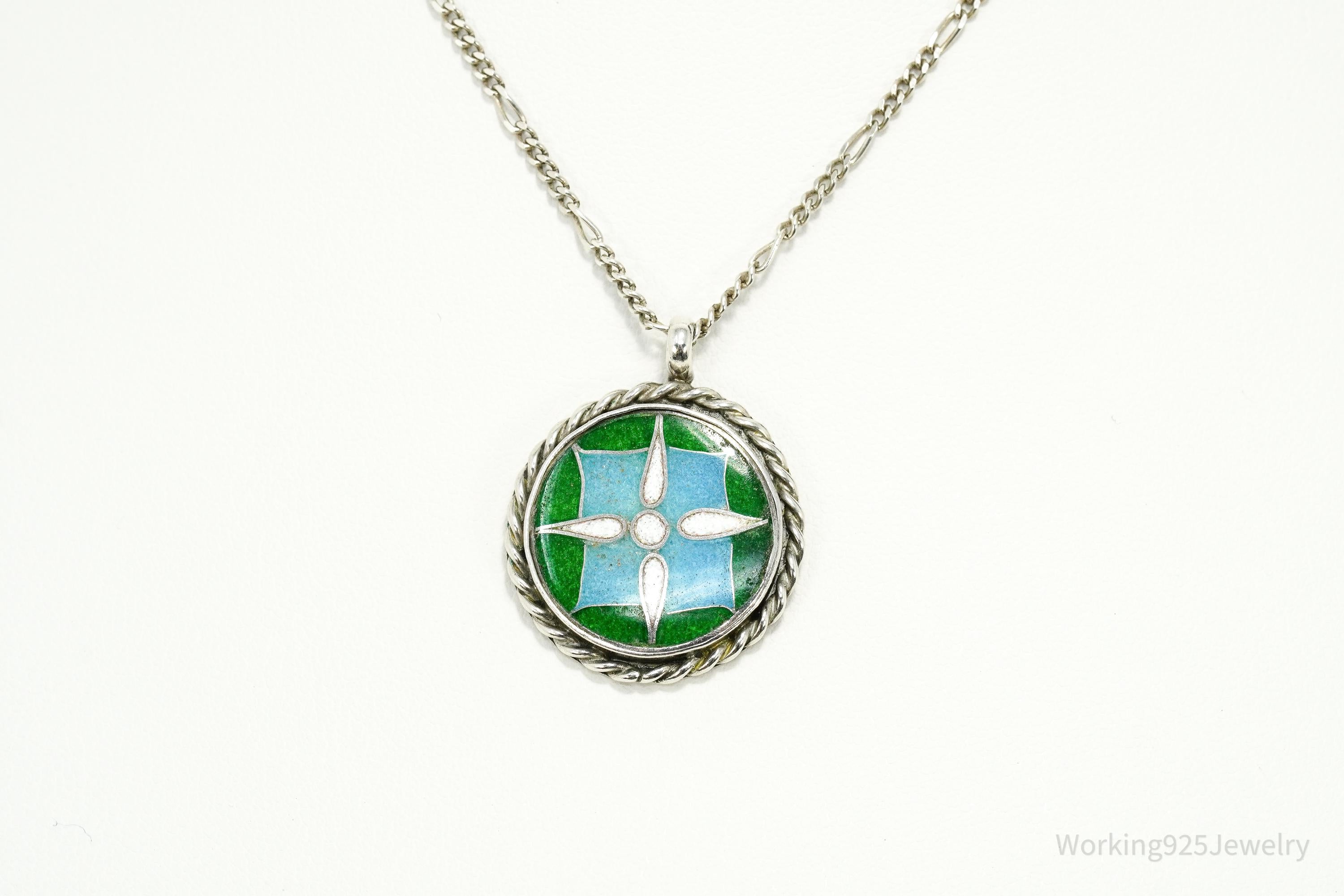 Vintage Green, Blue & White Enamel Inlay Sterling Silver Necklace 18"