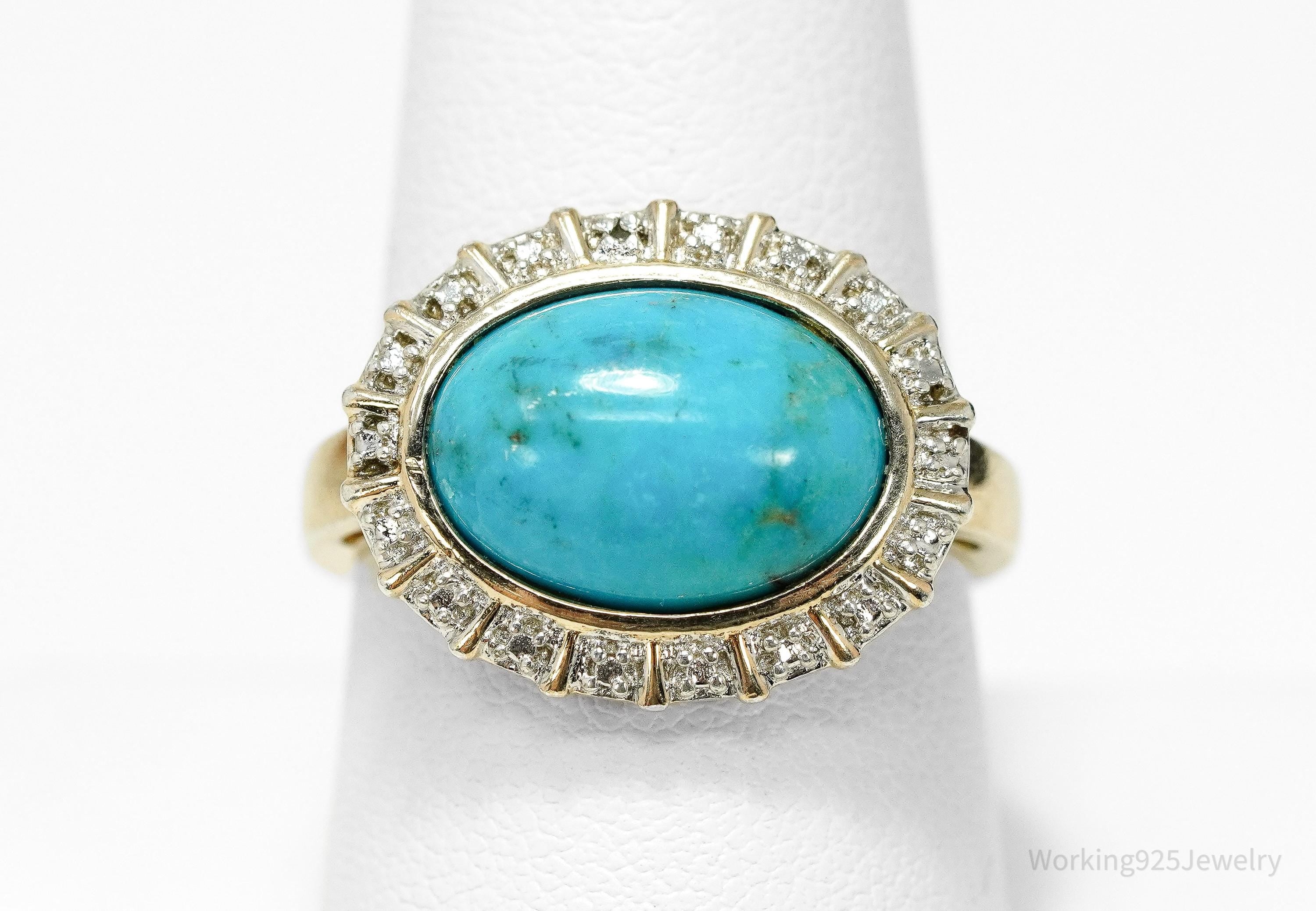 VTG Designer Ross Simons Turquoise & Diamond Gold Over Sterling Silver Ring - Size 9