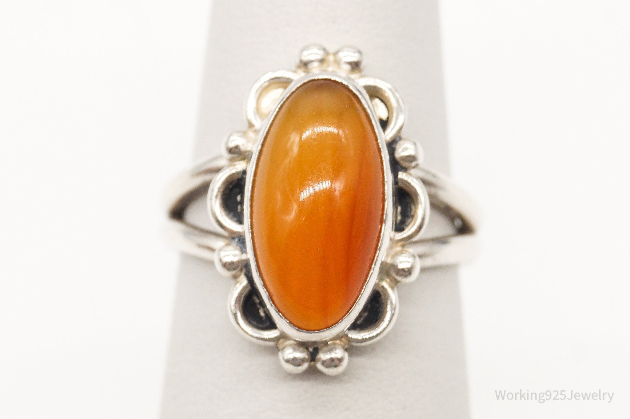 Vintage Orange Sunset Agate Silver Ring - Size 5.25