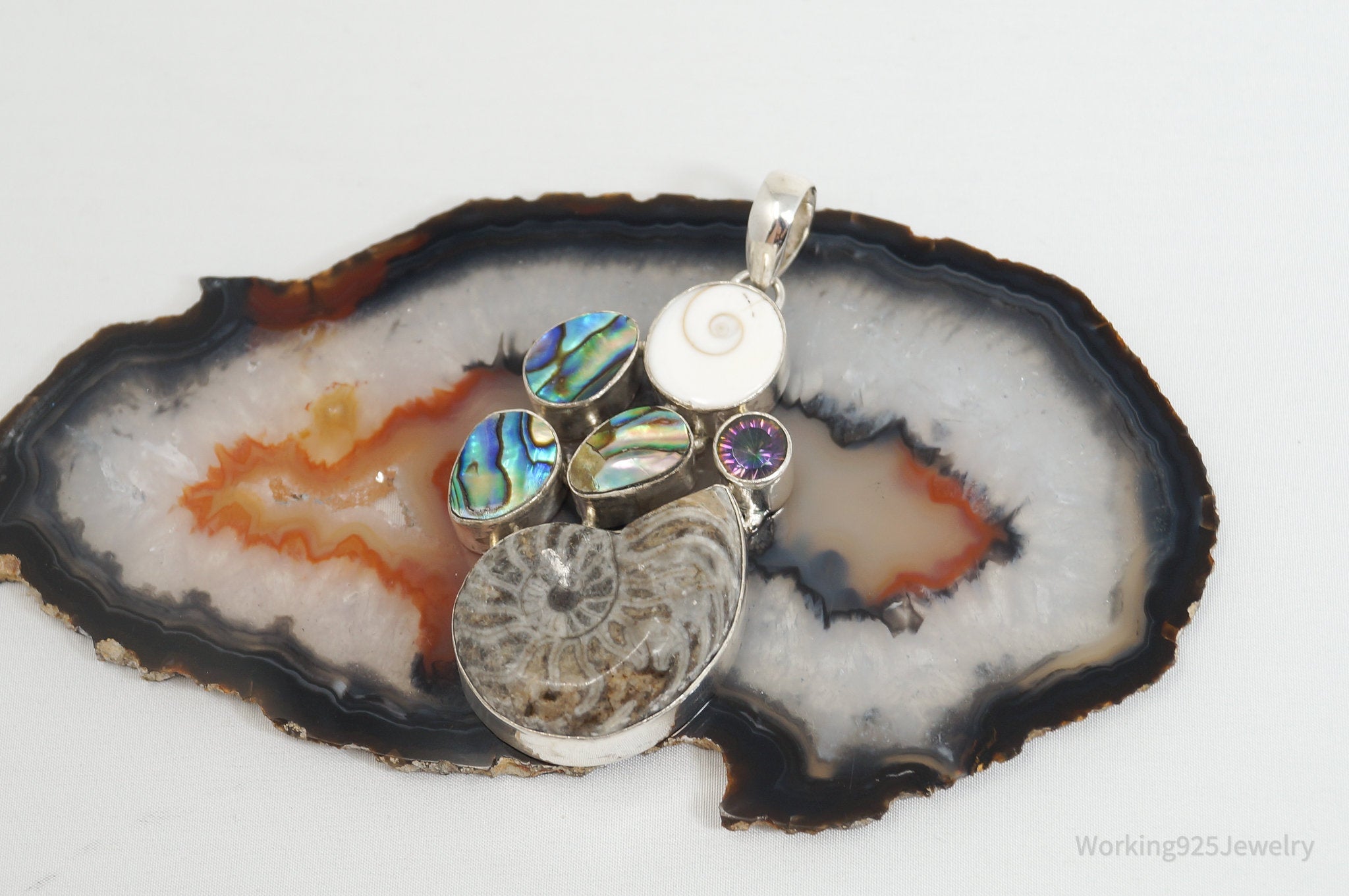 Vintage Large Fossil Shell Mystic Topaz Sterling Silver Abalone Necklace Pendant