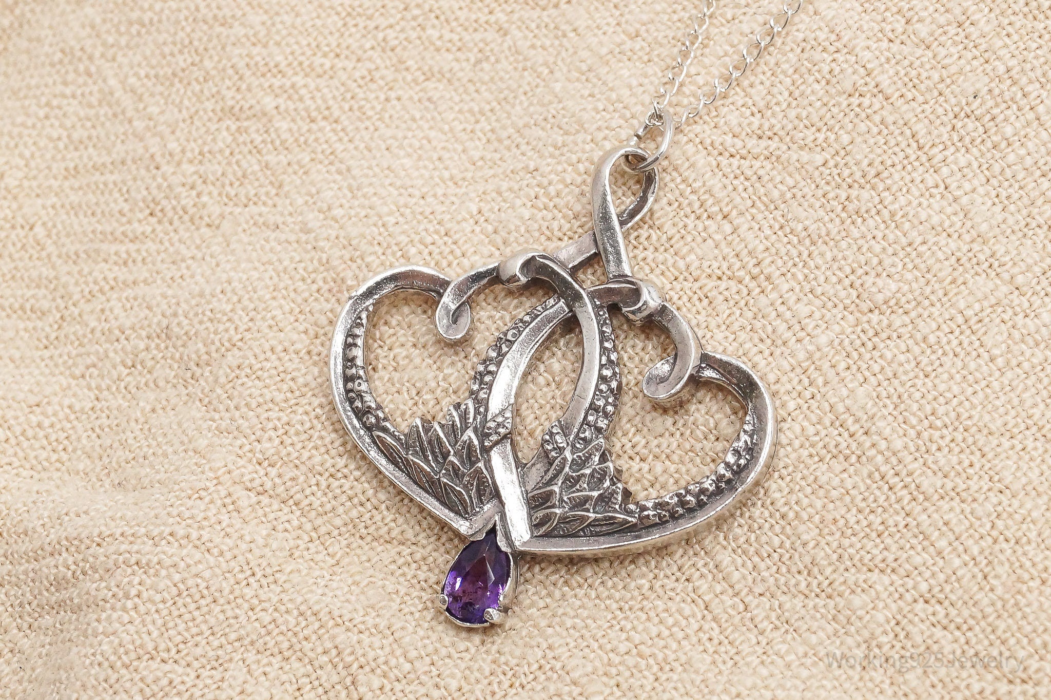 Vintage 1893 GRADH Franklin Mint Double Heart Amethyst Sterling Silver Necklace