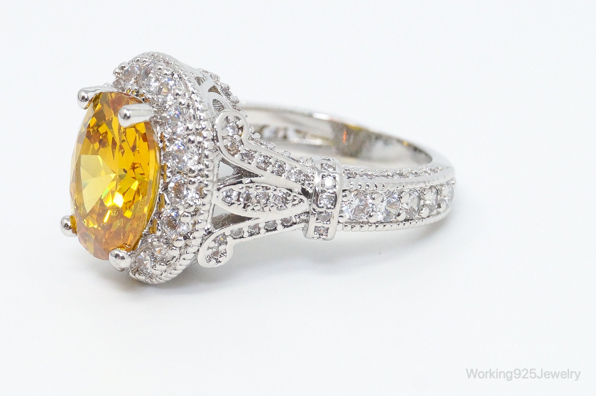 Vintage Large Citrine Cubic Zirconia Sterling Silver Statement Ring - SZ 8