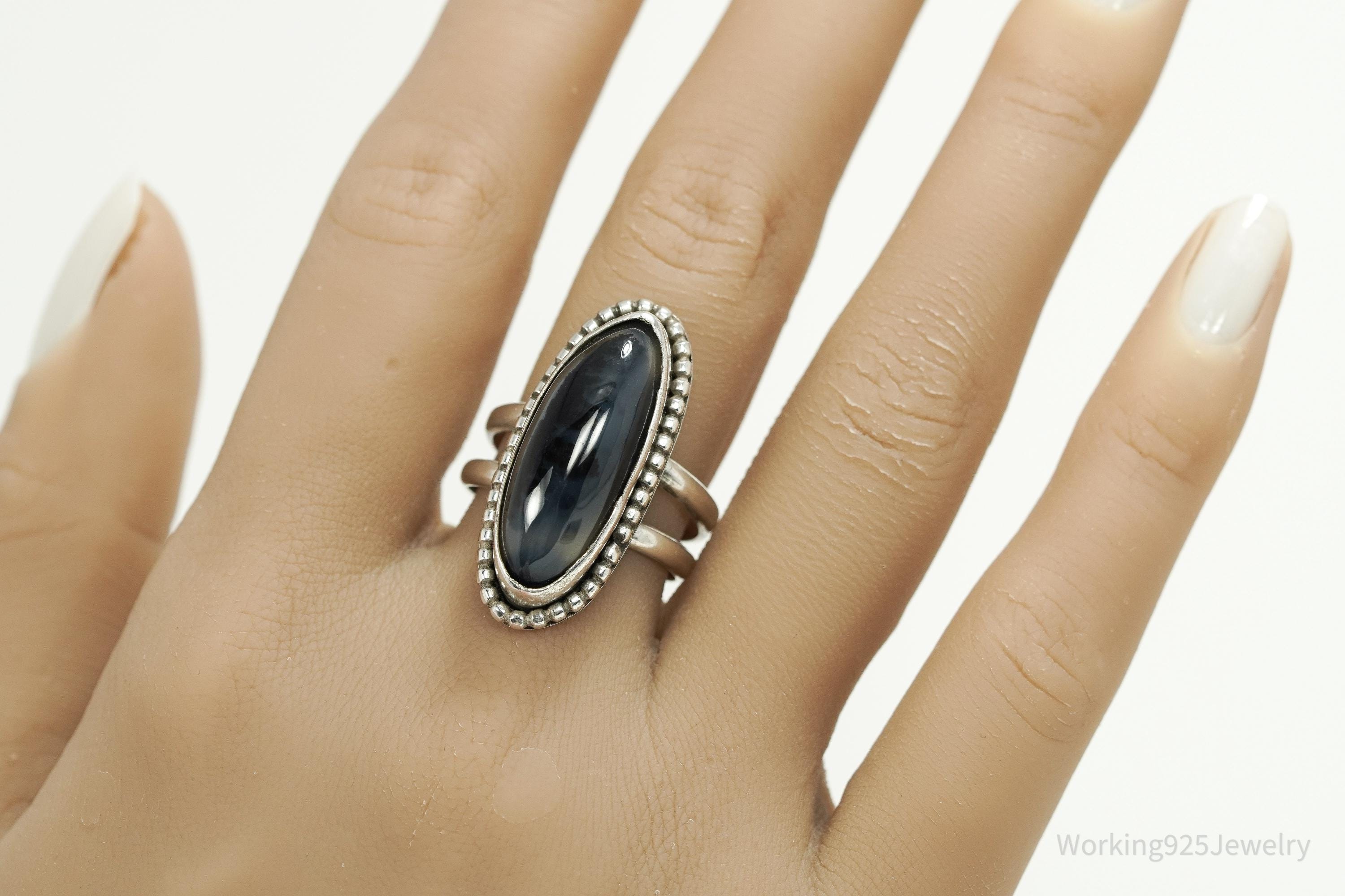 Vintage Large Agate Silver Ring - Size 9