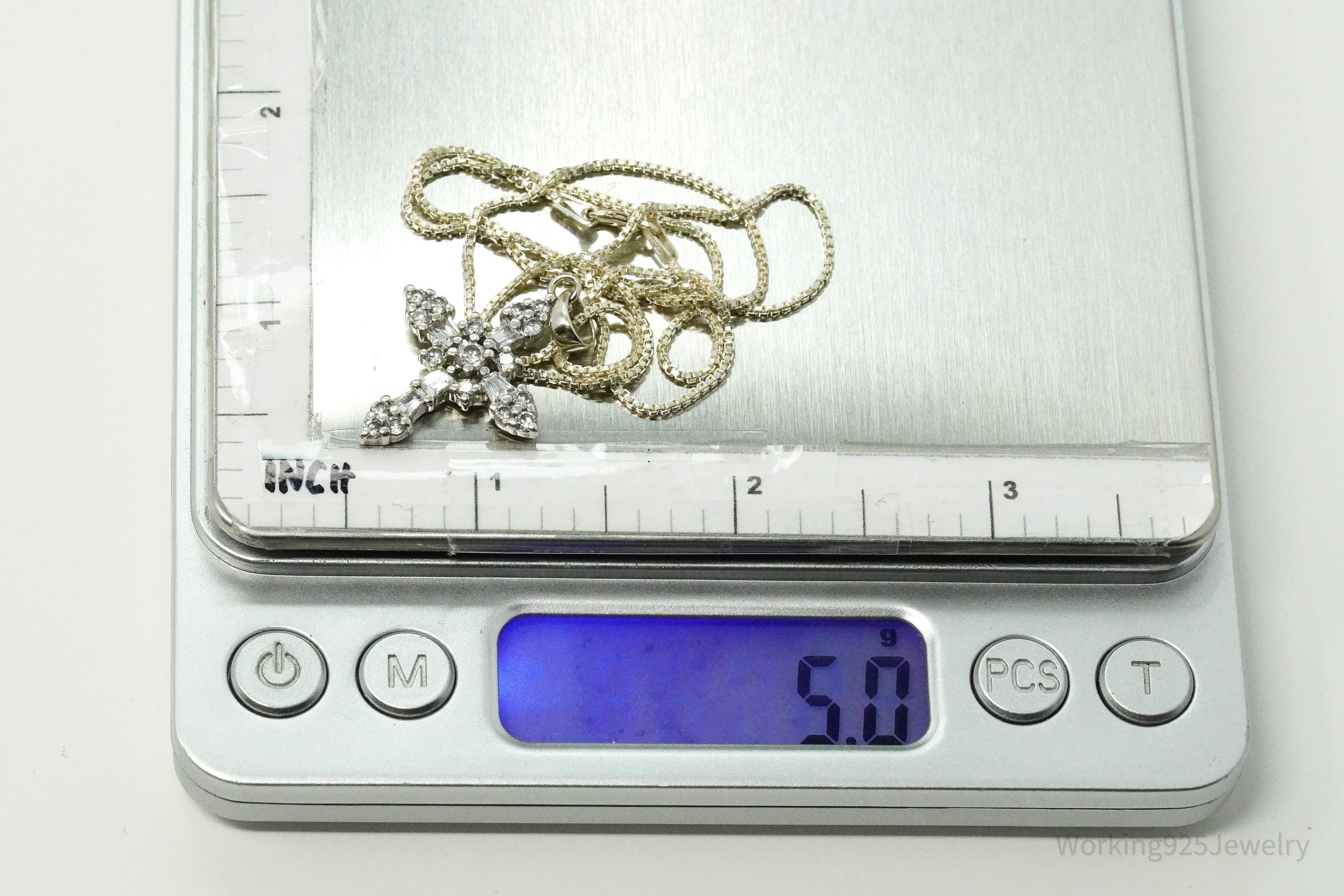 Vintage Cubic Zirconia Cross Sterling Silver Necklace 18"