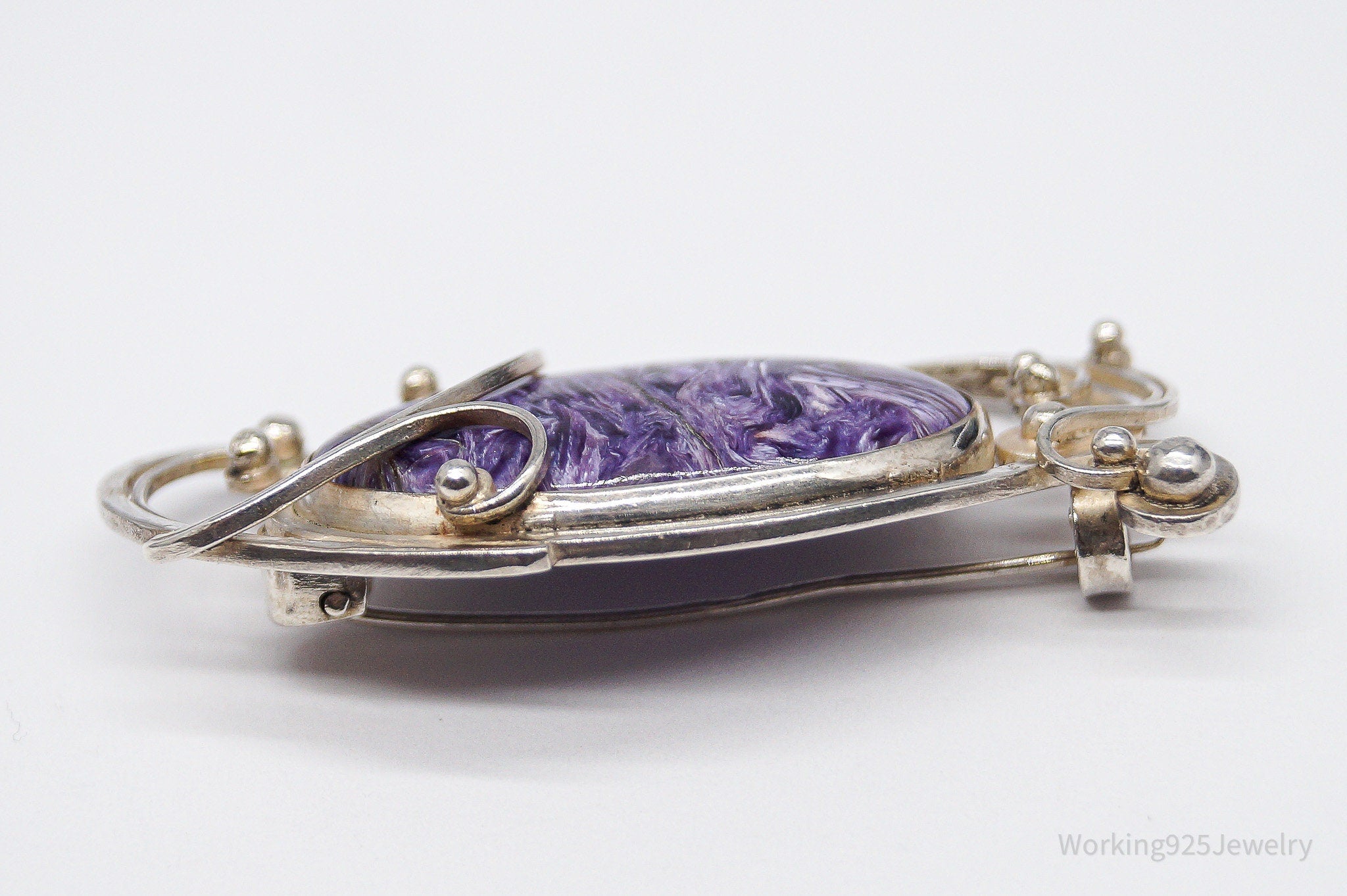 Antique Large Charoite Modernist Style Sterling Silver Russian Brooch Pin