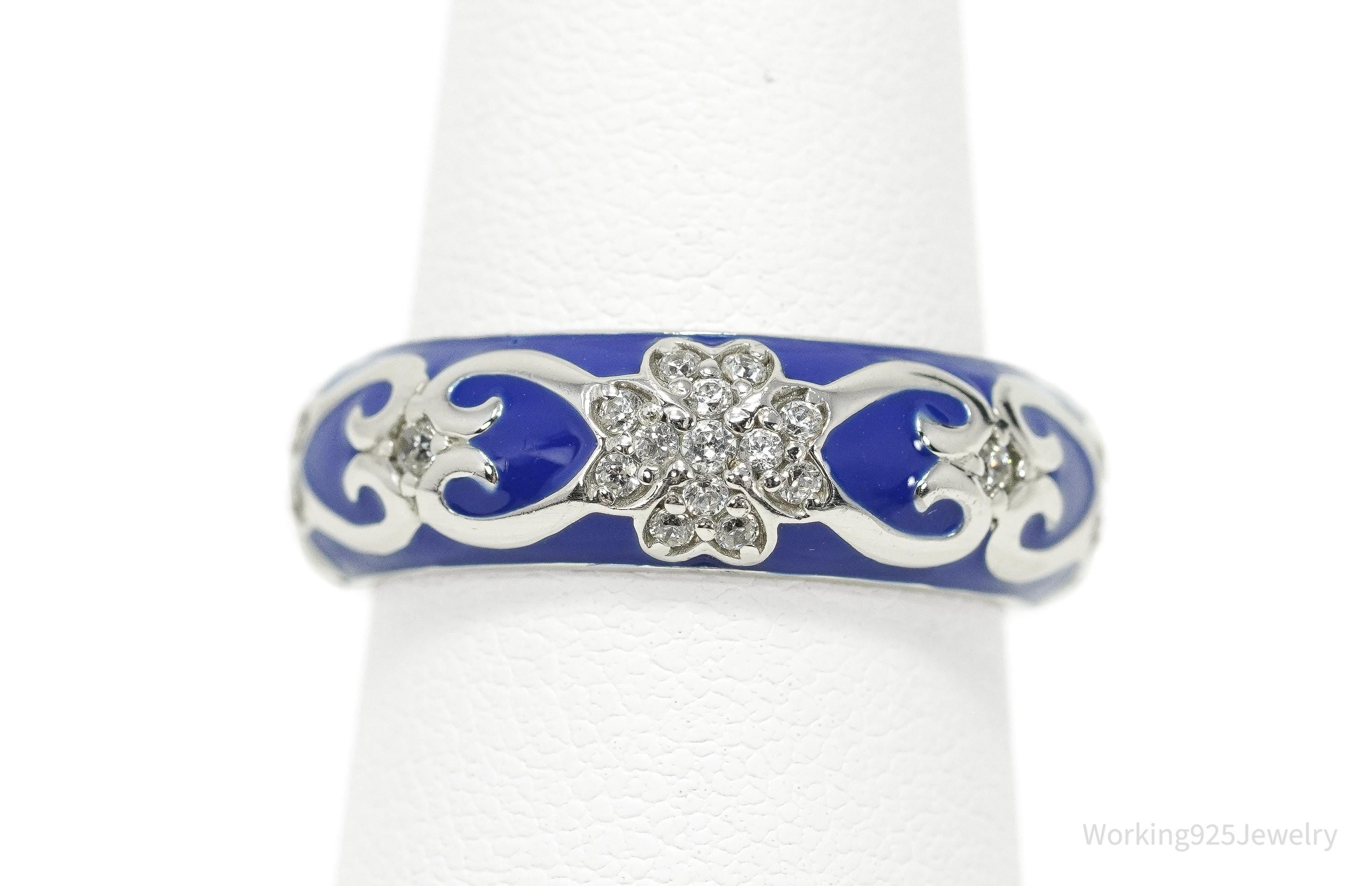 Y2K Blue Enamel & Cubic Zirconia Sterling Silver Band Ring – Size 7.25