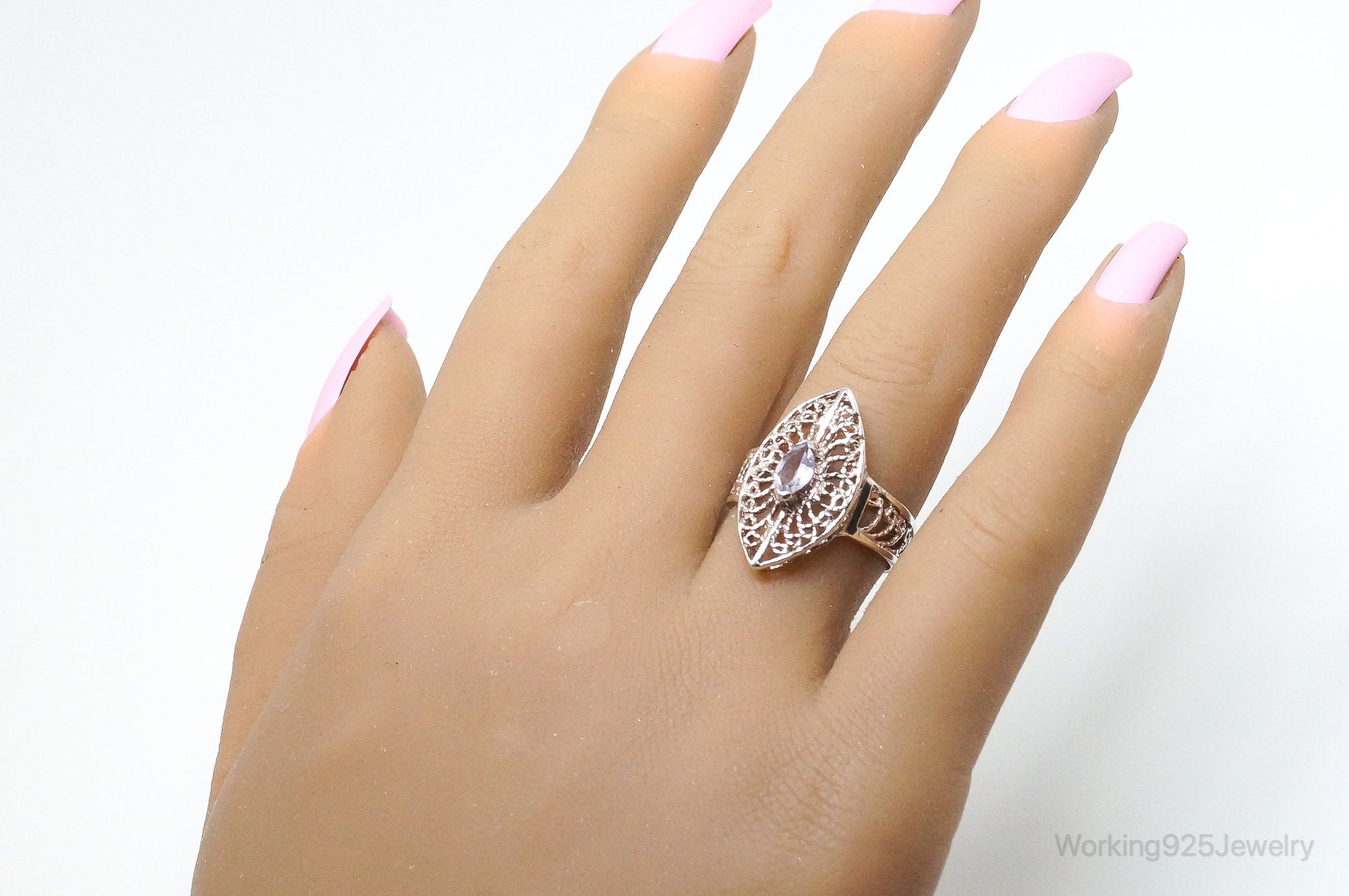 Vintage Amethyst Intricate Filigree Sterling Silver Ring SZ 7.5