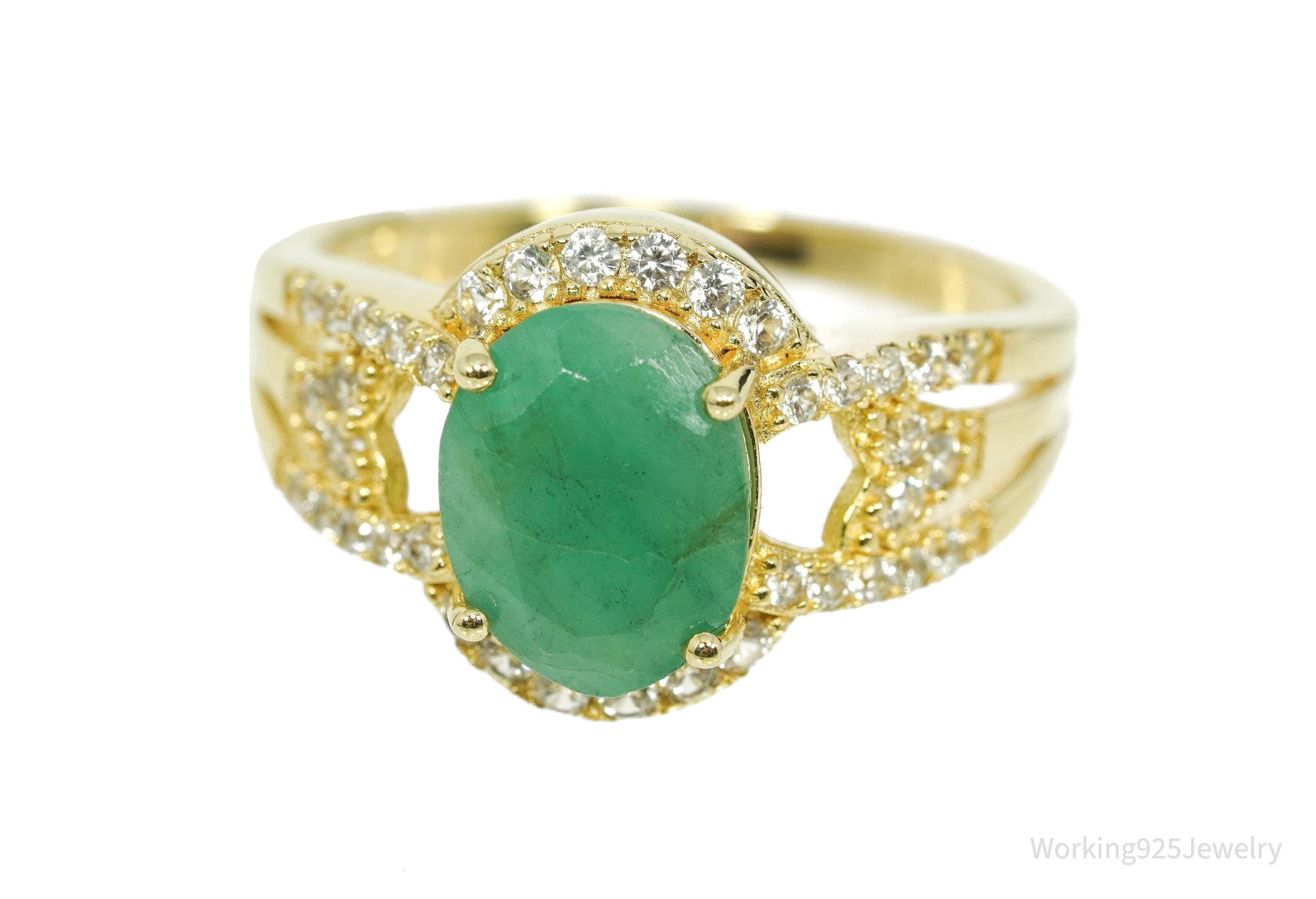 Vintage Emerald & White Topaz Gold Vermeil Sterling Silver Ring Size 8