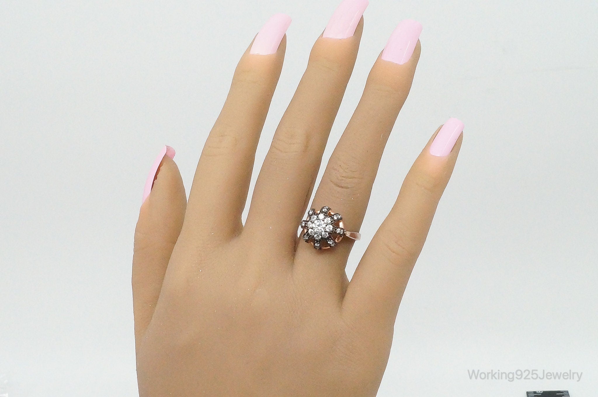 Vintage Cubic Zirconia Rose Gold Vermeil Sterling Silver Crown Ring - Size 7.25