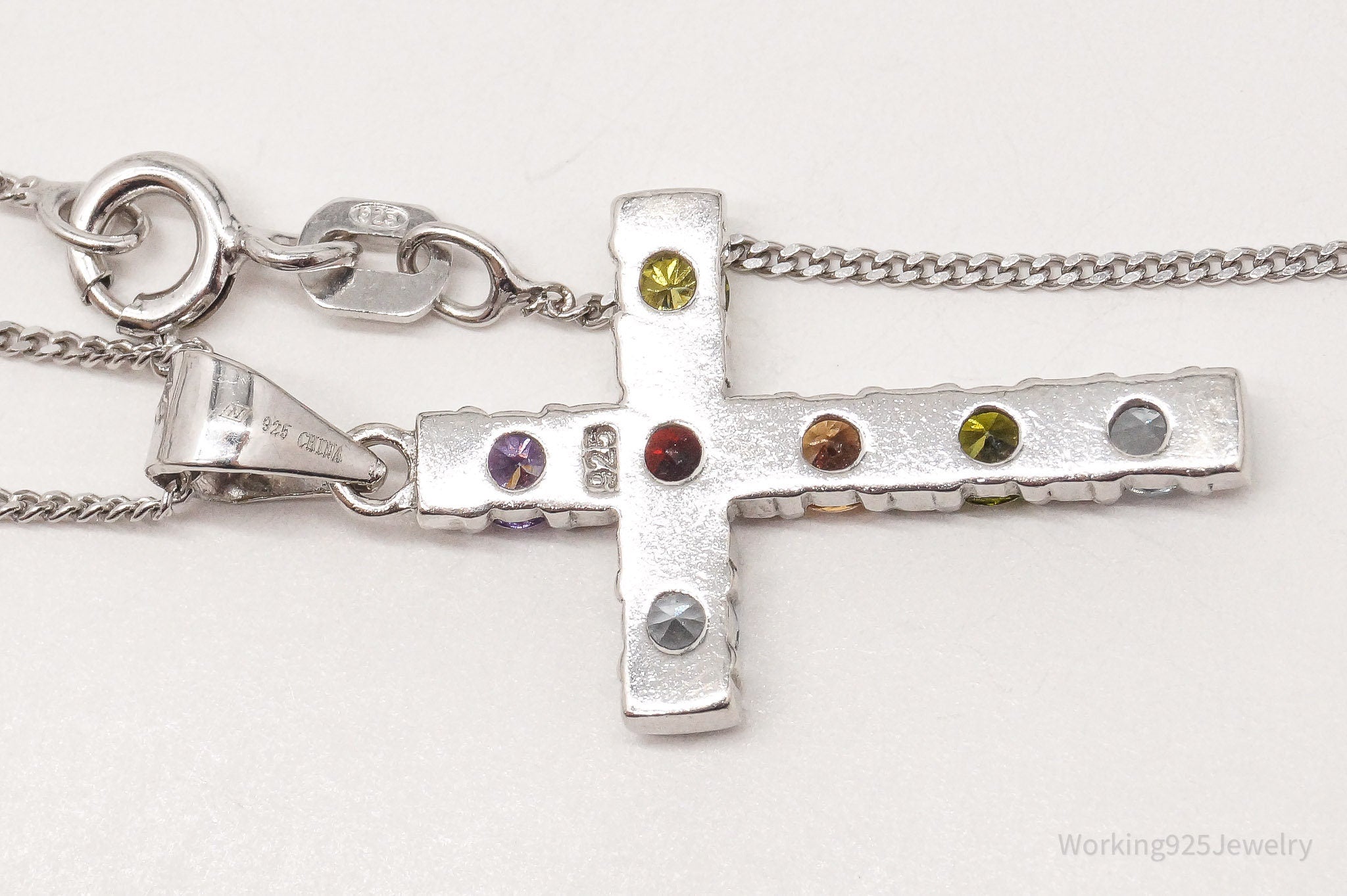 Vintage Multi Gemstone Cross Sterling Silver Necklace 18"