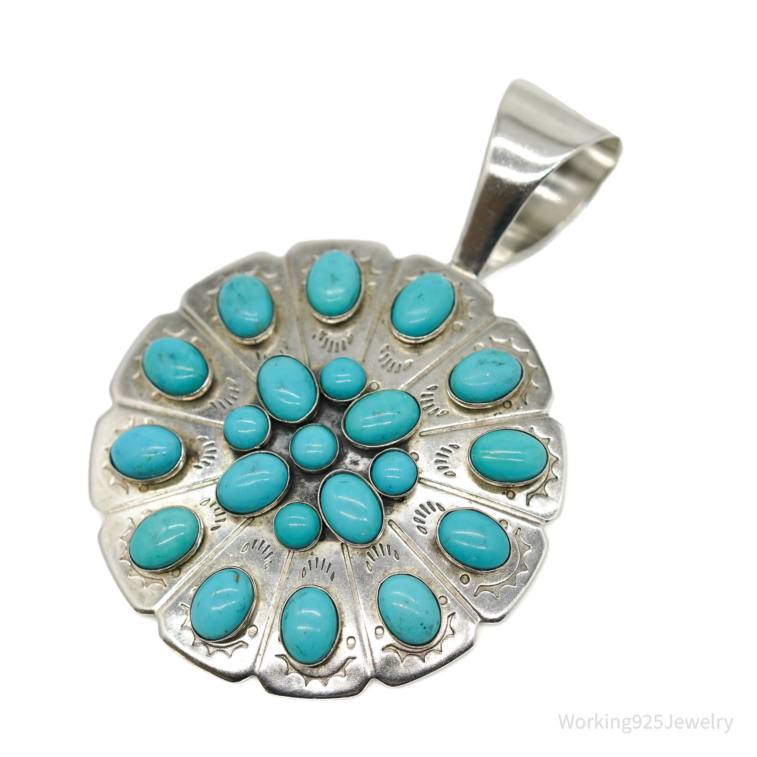 Vintage Southwest Desert Rose Trading Turquoise Sterling Silver Pendant 2.5"