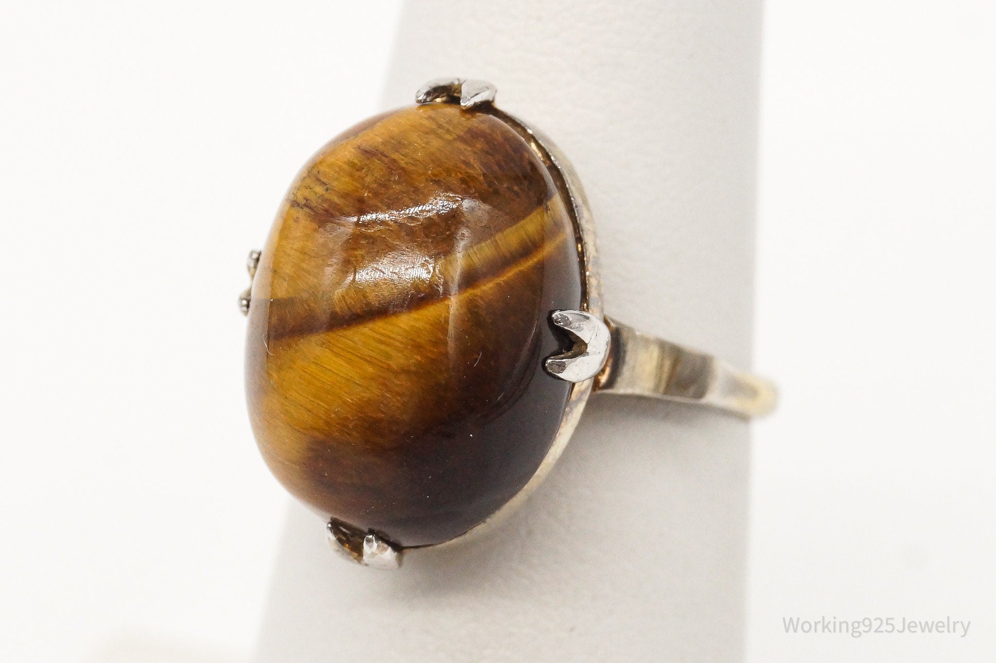 Antique Tigers Eye Gold Wash Silver Ring - Size 5.5