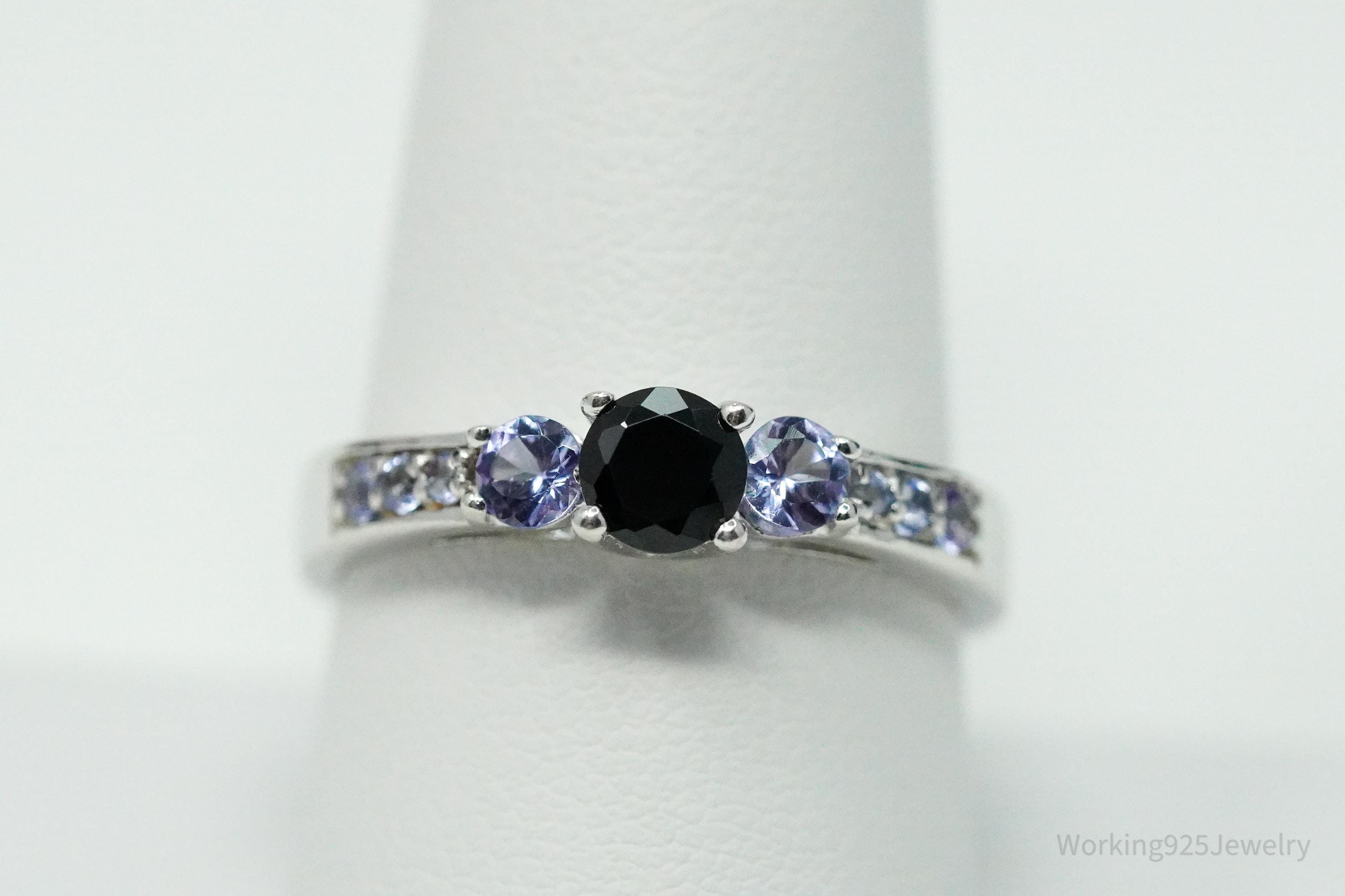 Vintage Black Tourmaline & Tanzanite Sterling Silver Ring - Size 9