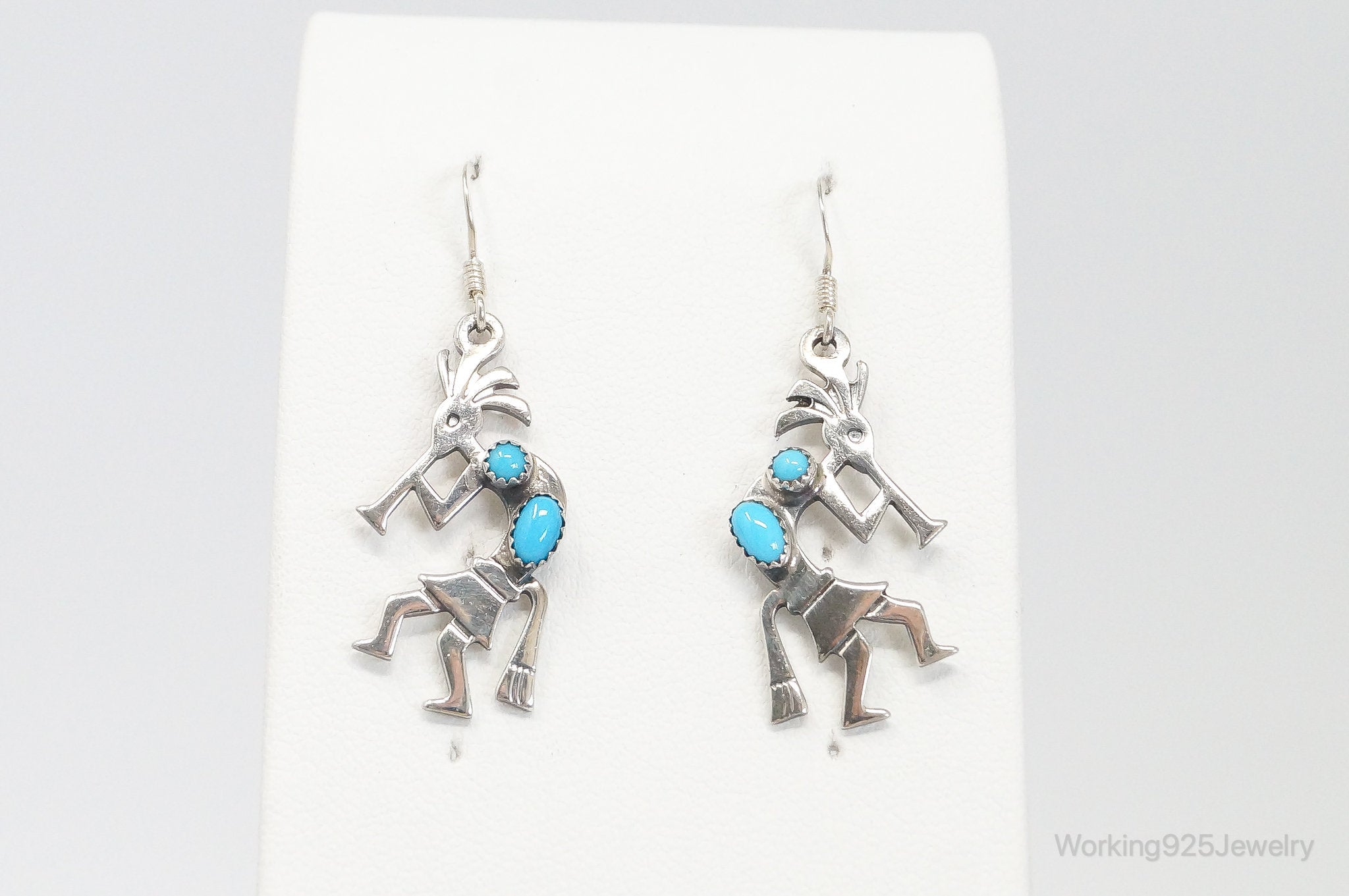 Vintage Native American Turquoise Dancing Kokopelli Sterling Silver Earrings