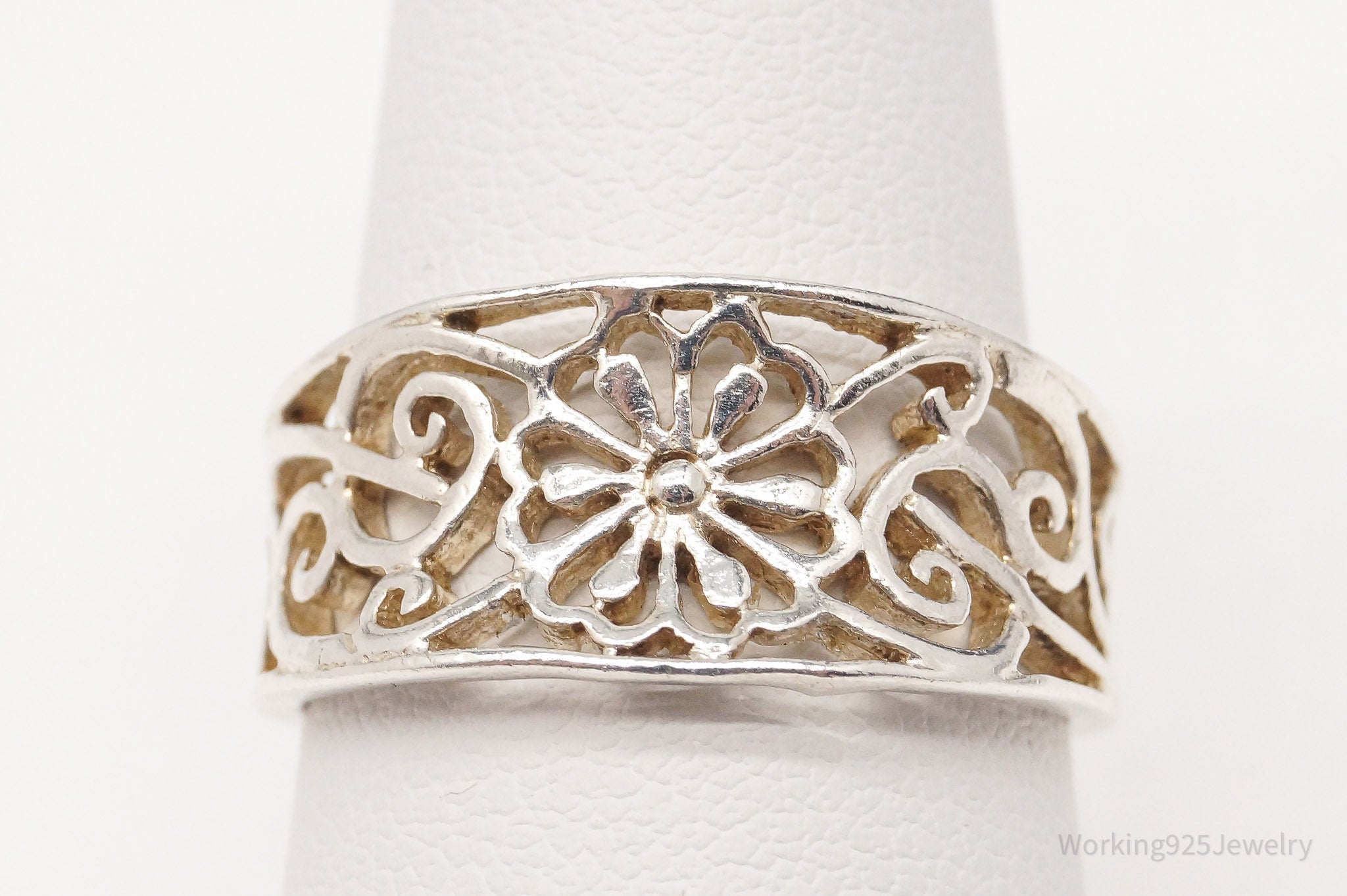 Vintage Floral Flower Filigree Sterling Silver Ring Size 7.5