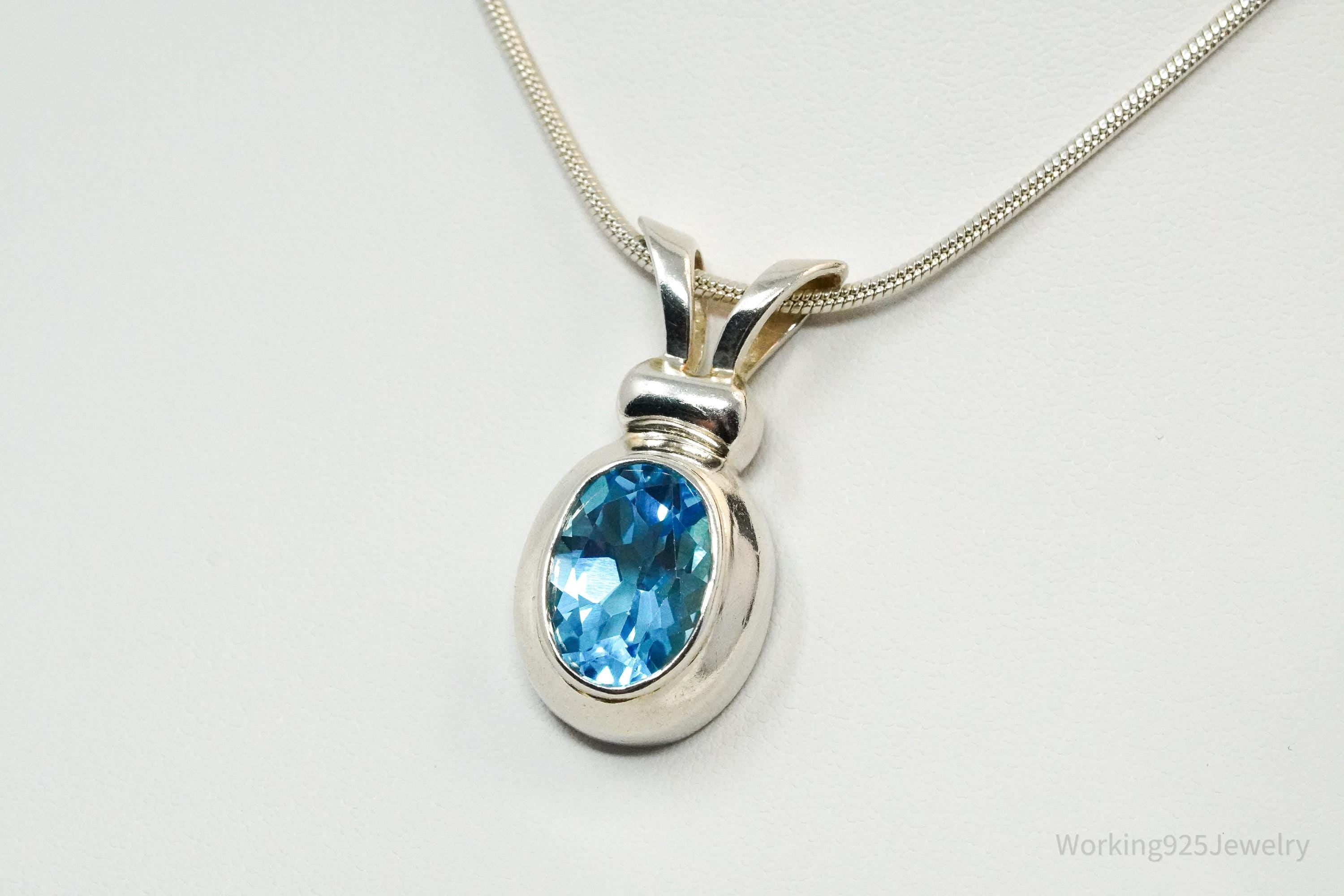 Vintage Large Blue Topaz Sterling Silver Necklace 18"