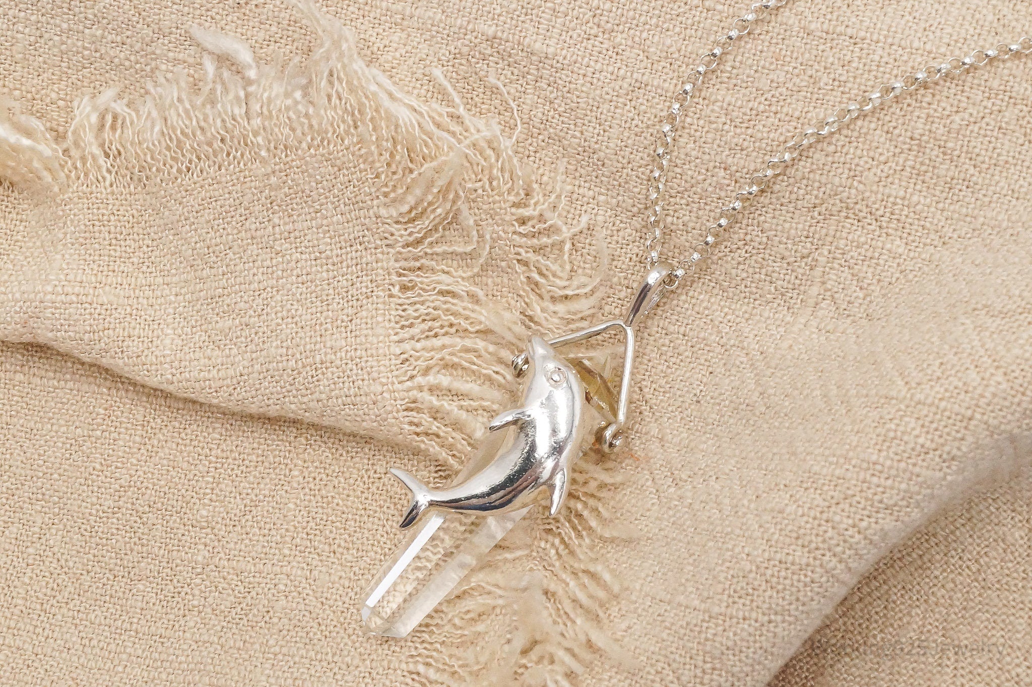 Vintage Dolphin & Crystal Sterling Silver Necklace 18"