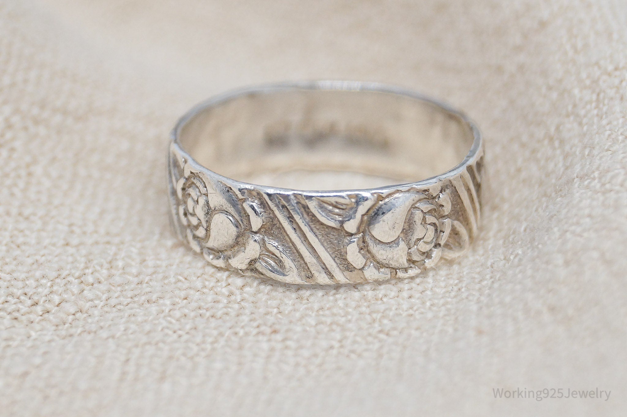 Antique Flowers Pattern Sterling Silver Band Ring - Size 5