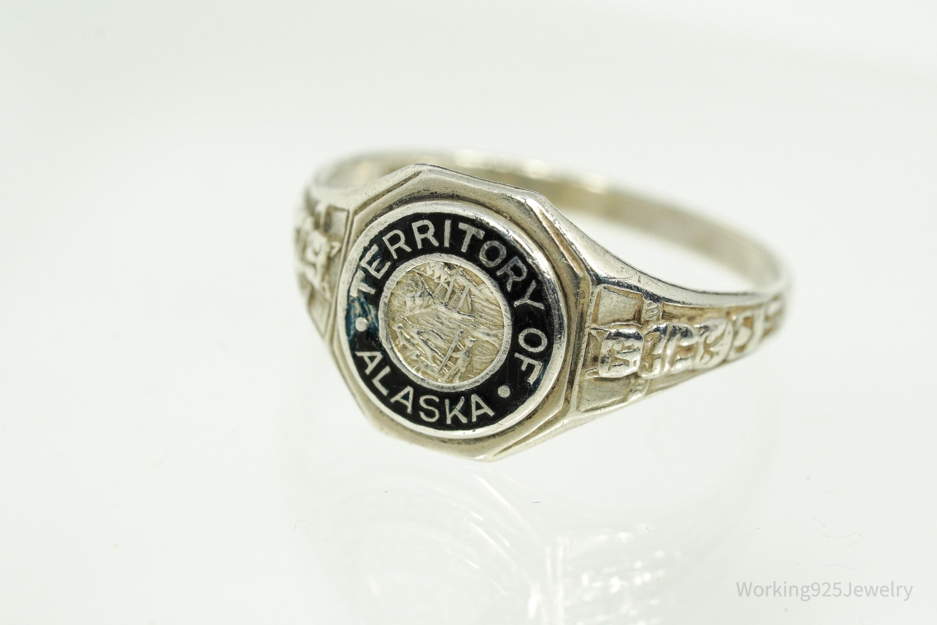 RARE 1930s Territory Of Alaska Souvenir Sterling Silver Ring - Size 9.75