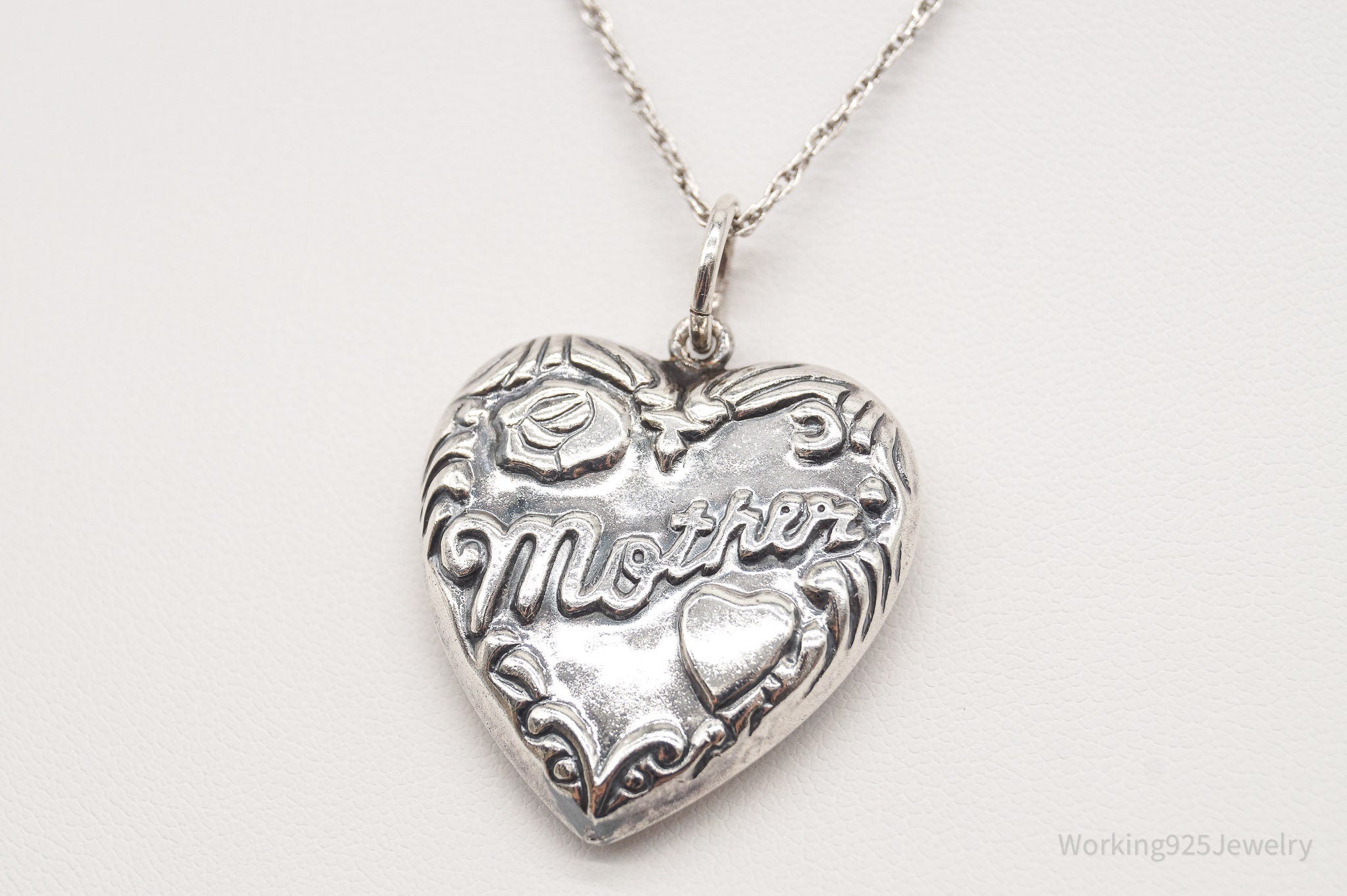 Vintage Large Puffy Heart Mother Charm Sterling Silver Necklace