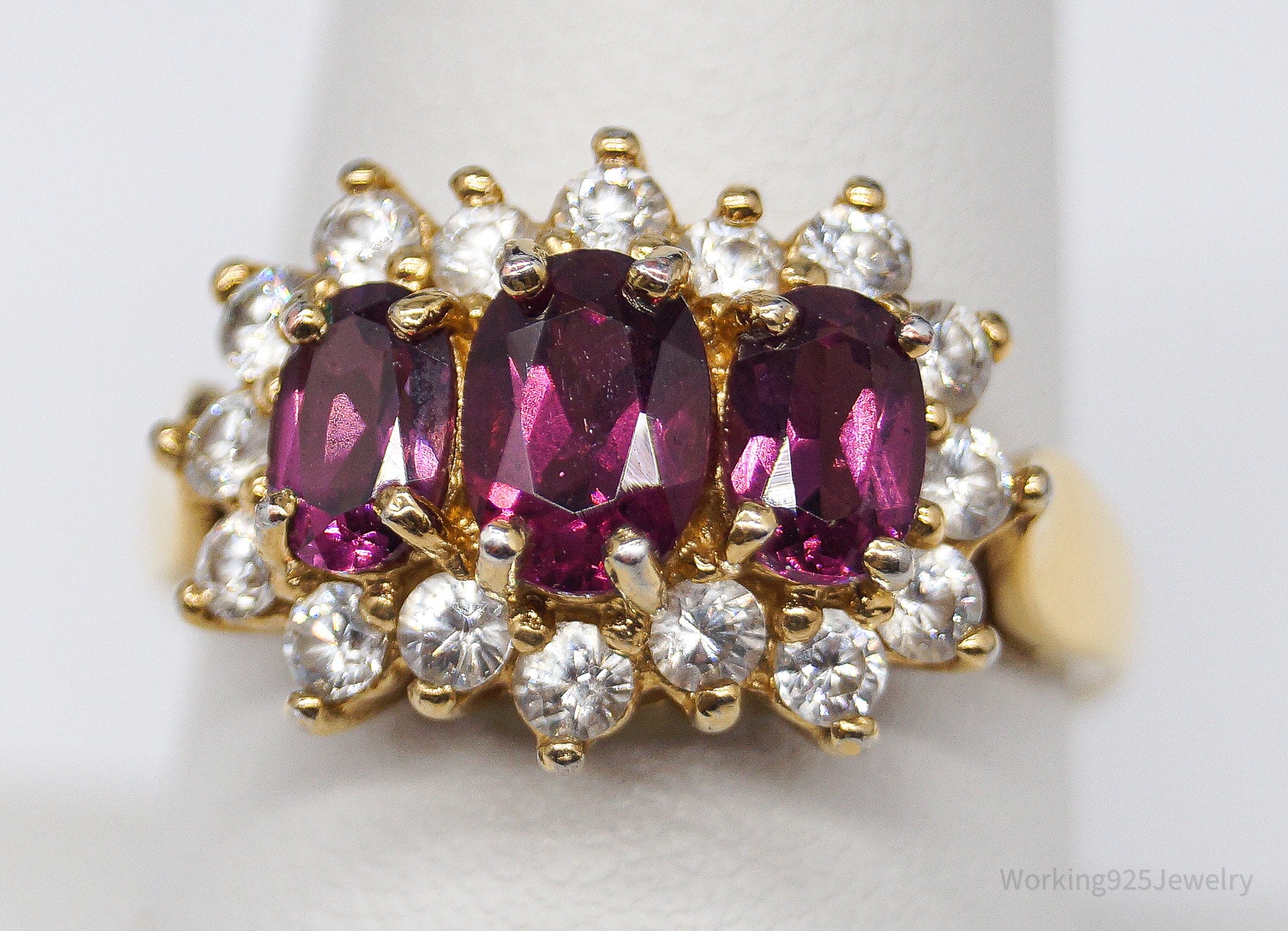 Vintage Pink Tourmaline Cubic Zirconia Gold Vermeil Sterling Silver Ring - Size 9