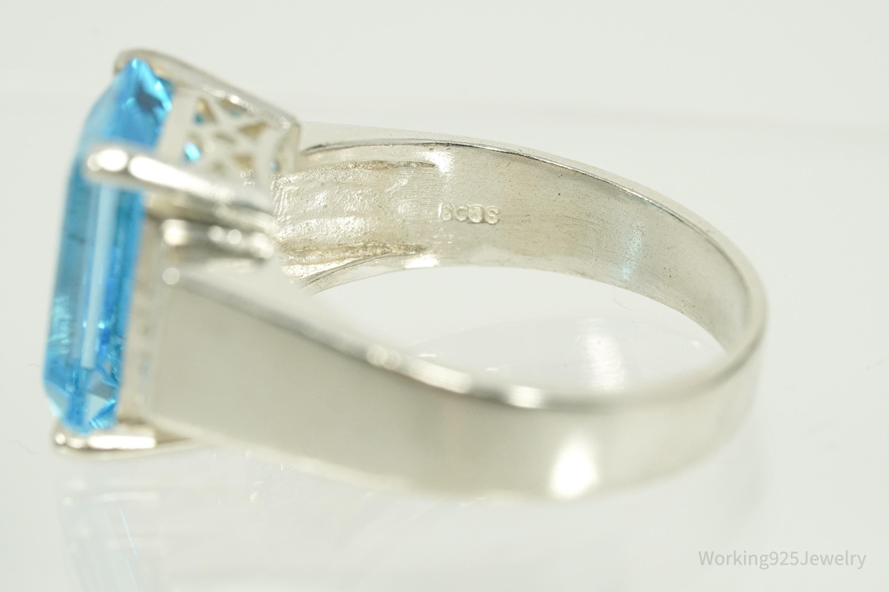 Vintage Large Blue Topaz Sterling Silver Ring - Size 10
