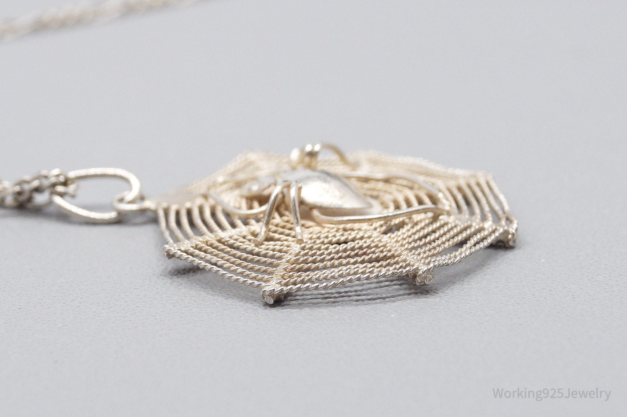 Vintage Filigree Spider In Web Sterling Silver Necklace 20"