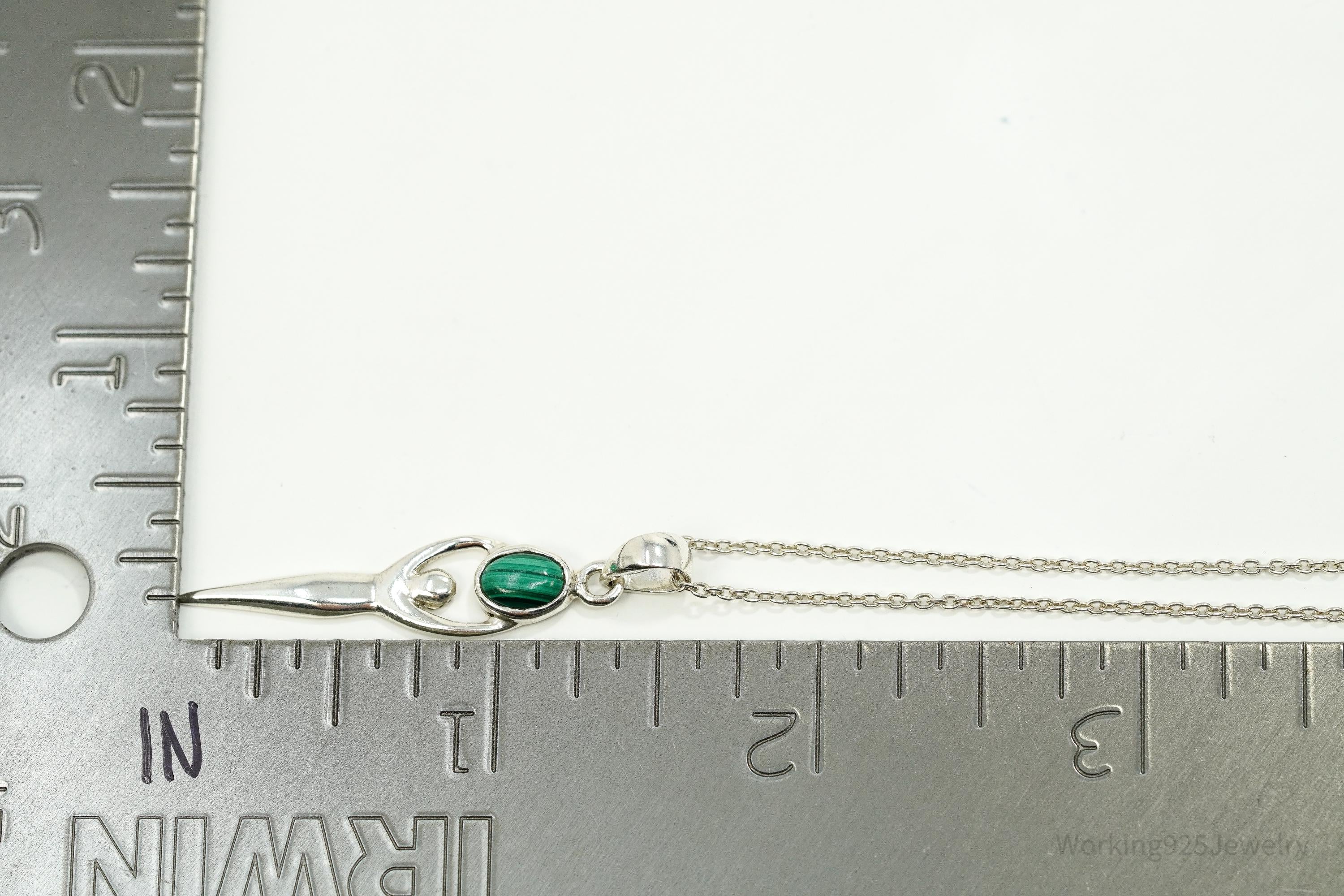 Vintage Malachite Goddess Sterling Silver Necklace 16"