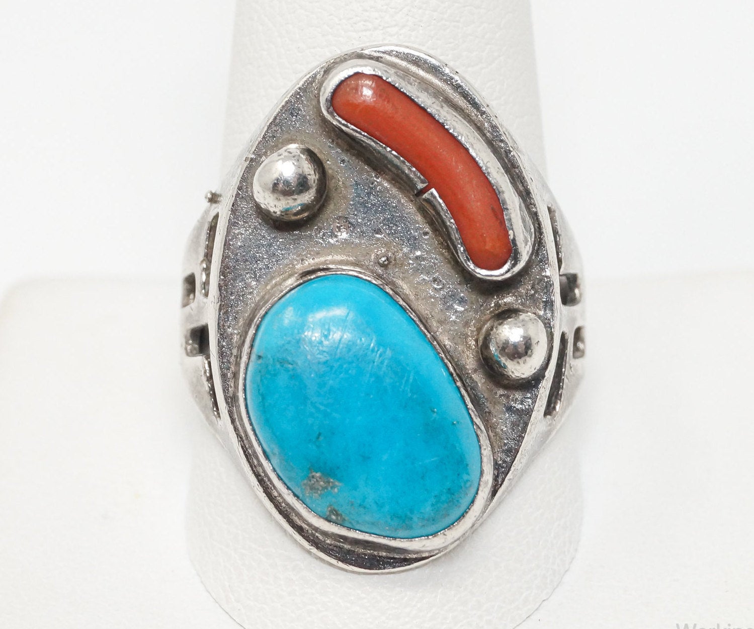 Vintage Native American Turquoise Coral Unsigned Sterling Silver Ring - Sz 12.25