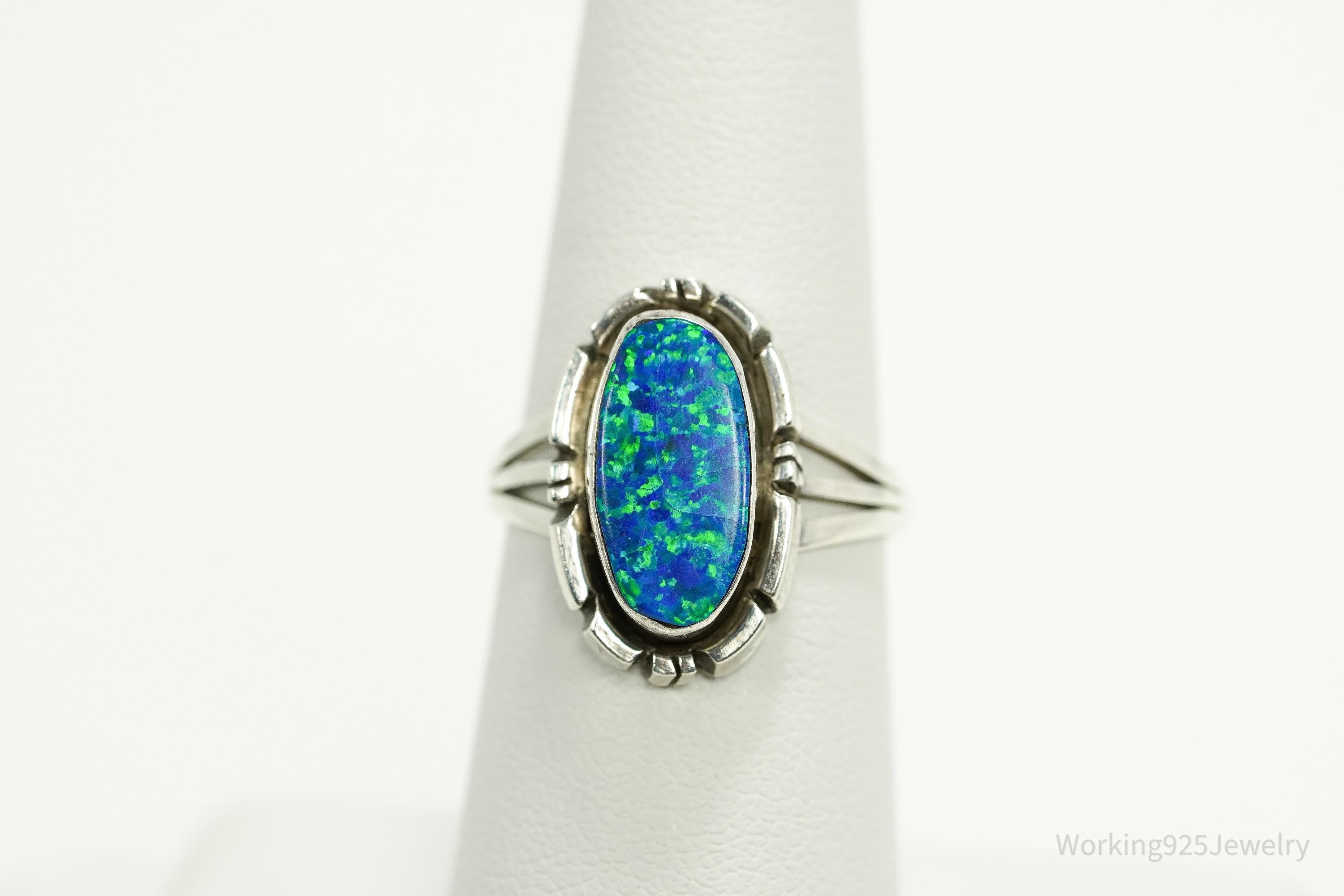 Vintage Handmade Native American Jerry Cowboy Opal Sterling Silver Ring SZ 7