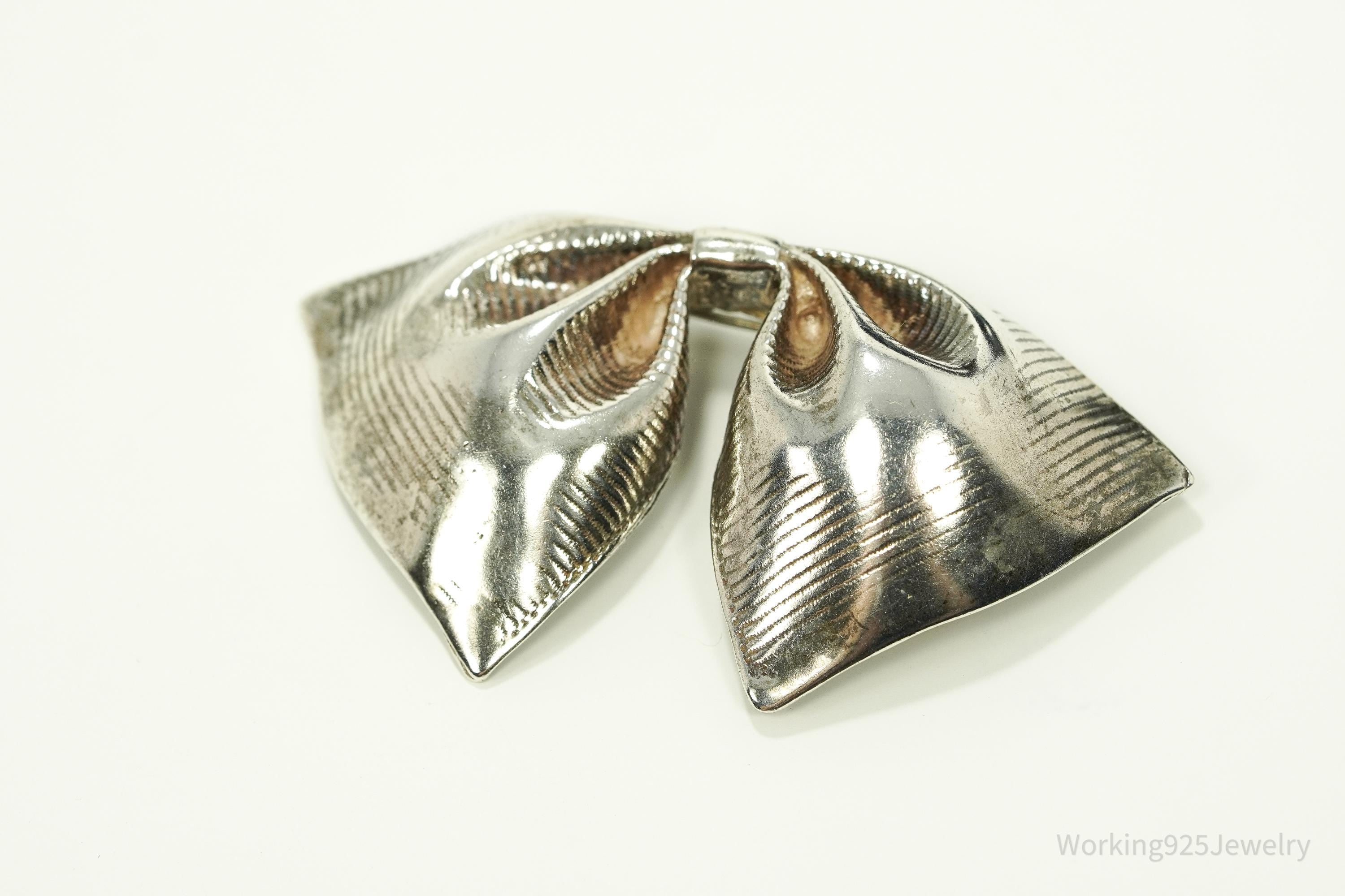 Antique Large Bow Tie Sterling Silver Brooch Pin