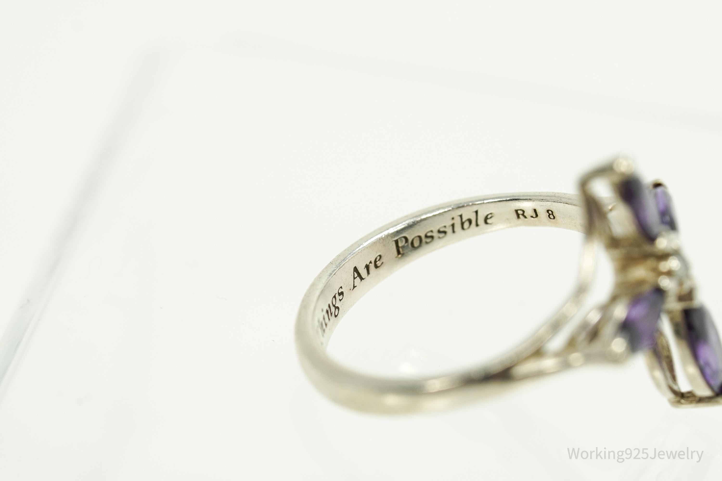 Vintage Amethyst "With God All Things Are Possible" White Sapphire Cross Sterling Silver Ring - Size 8